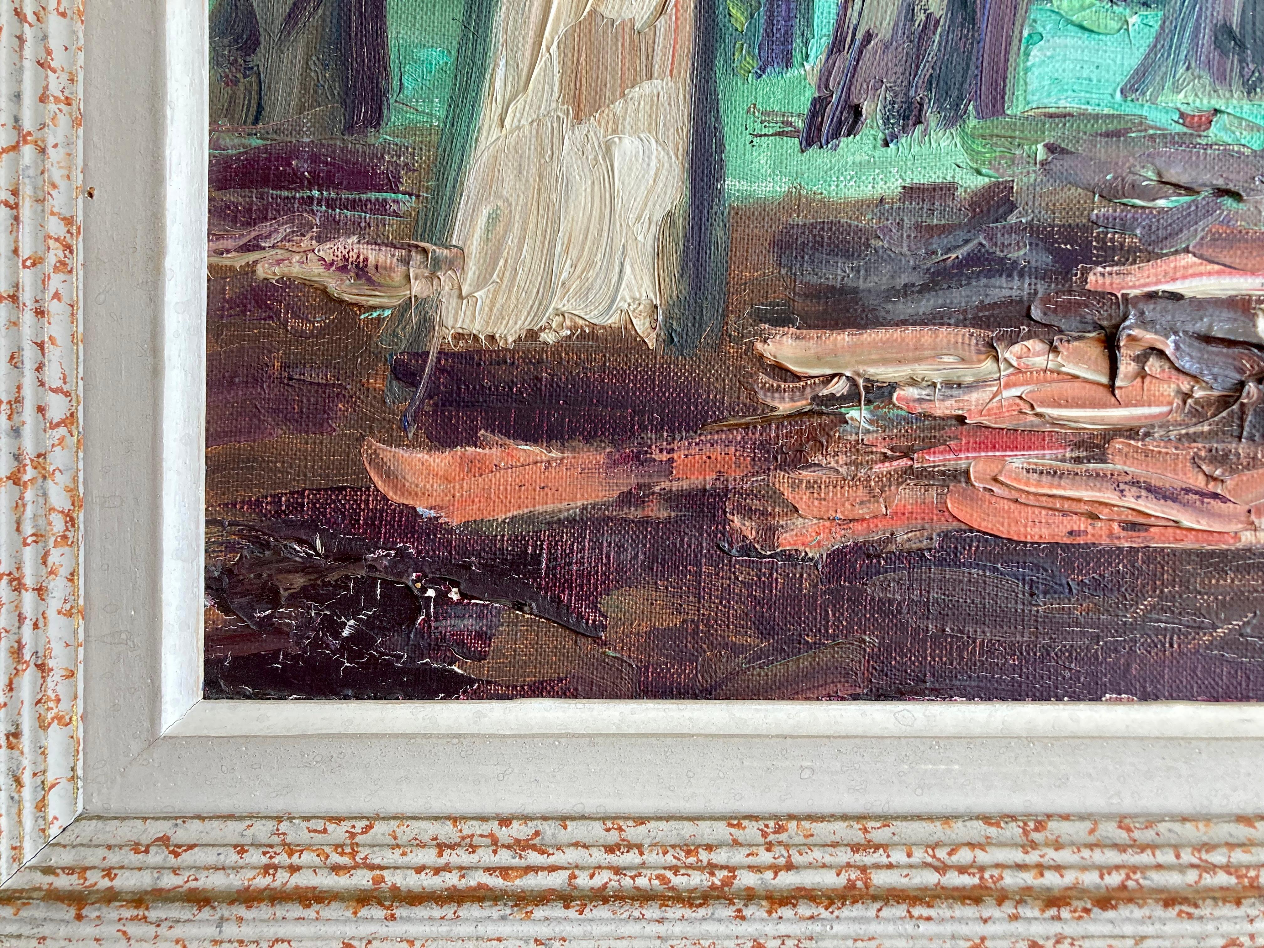 Großes französisches gerahmtes Original-Ölgemälde eines Waldes auf Stretched Canvas, Vintage im Angebot 1
