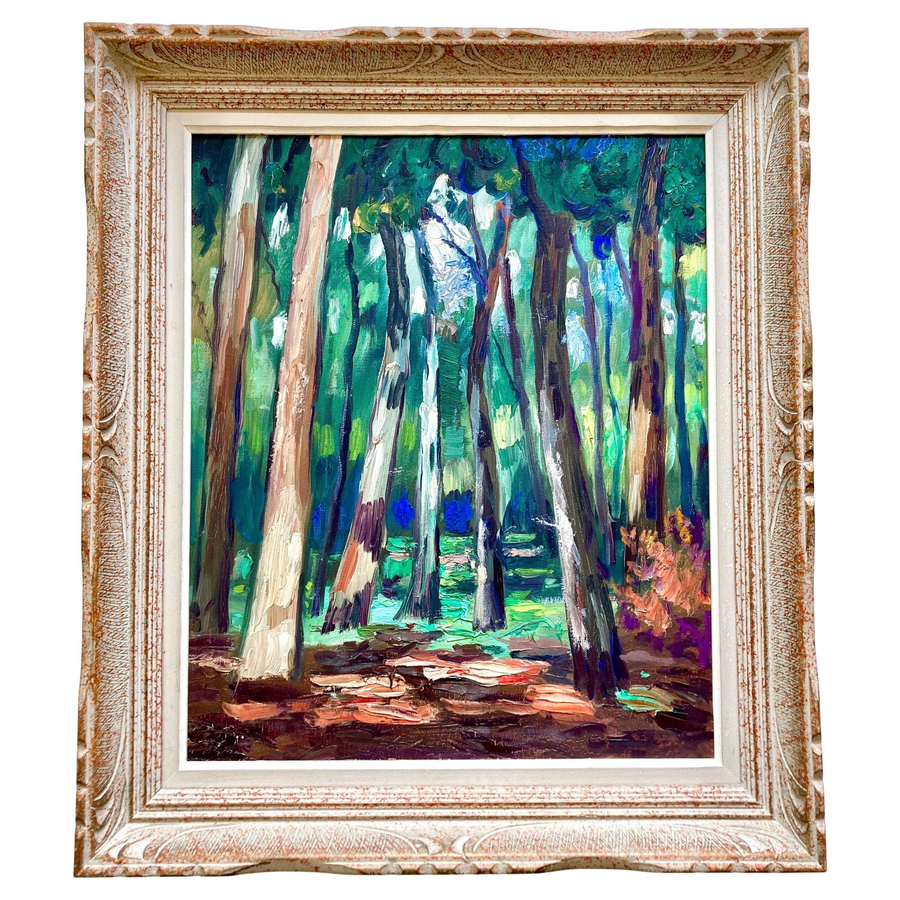 Large Vintage French Framed Original Oil Painting of Forest on Stretched Canvas 