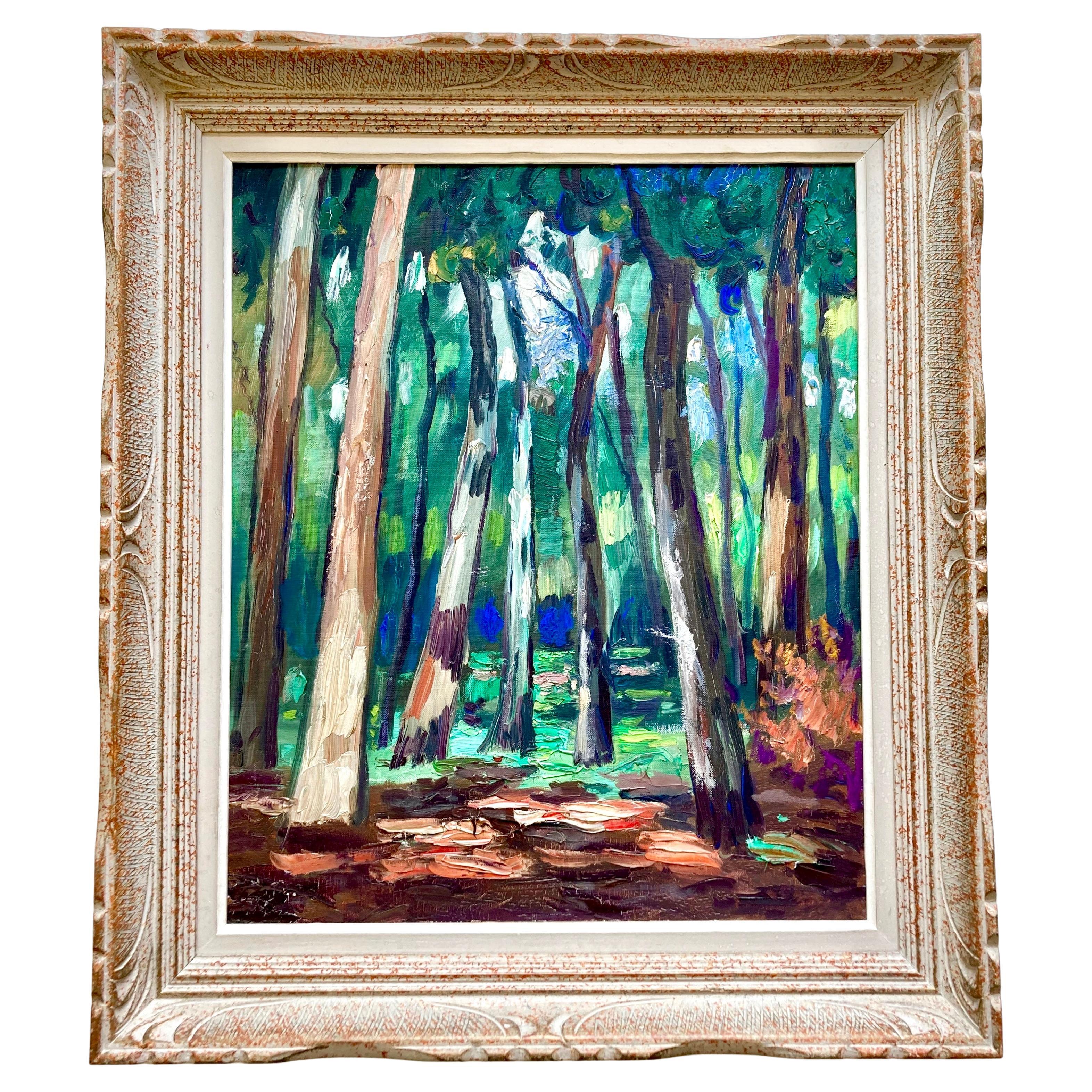 Großes französisches gerahmtes Original-Ölgemälde eines Waldes auf Stretched Canvas, Vintage