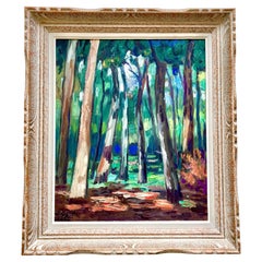 Large Antique French Framed Original Oil Painting of Forest on Stretched Canvas 