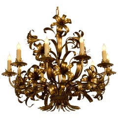 Large Vintage French Gilded Iron Tôle Flower Chandelier, circa 1940