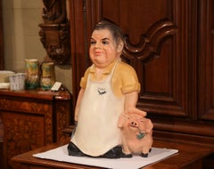 Large Vintage French Hand-Painted Terracotta Butcher and Pig Sculpture