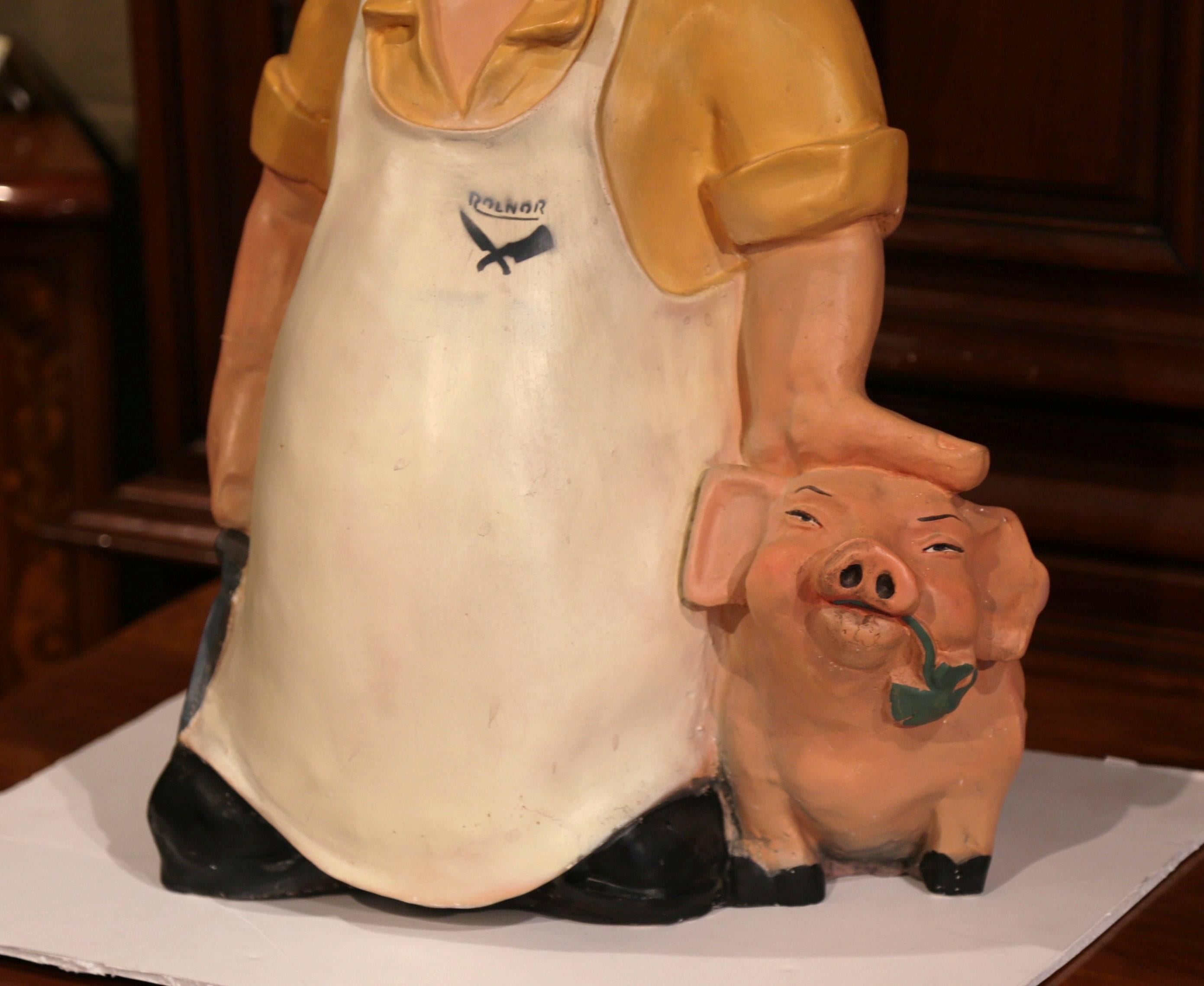 Large Vintage French Hand-Painted Terracotta Butcher and Pig Sculpture In Excellent Condition In Dallas, TX