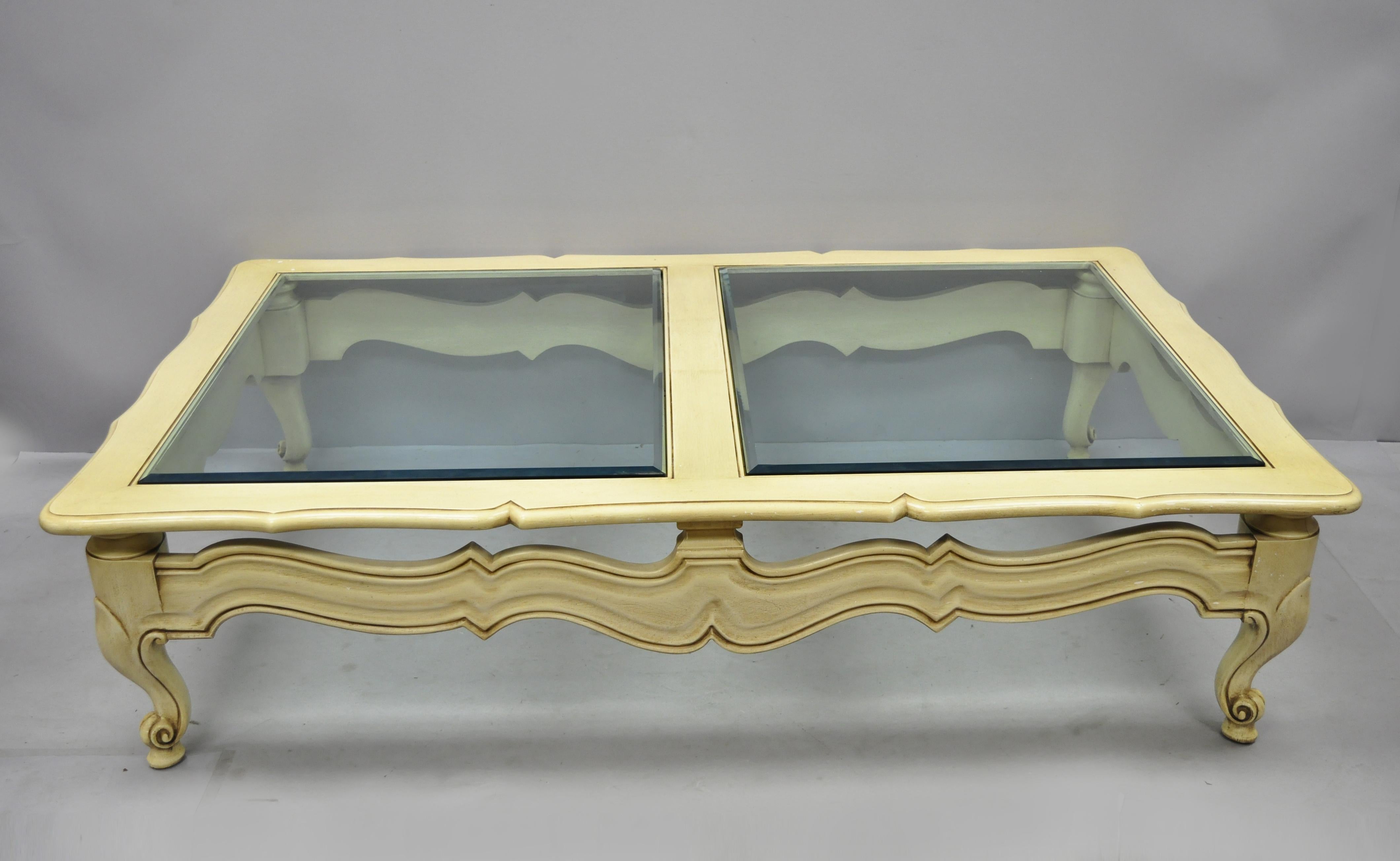Large Vintage French Hollywood Regency Style Beveled Glass Cream Coffee Table For Sale 4