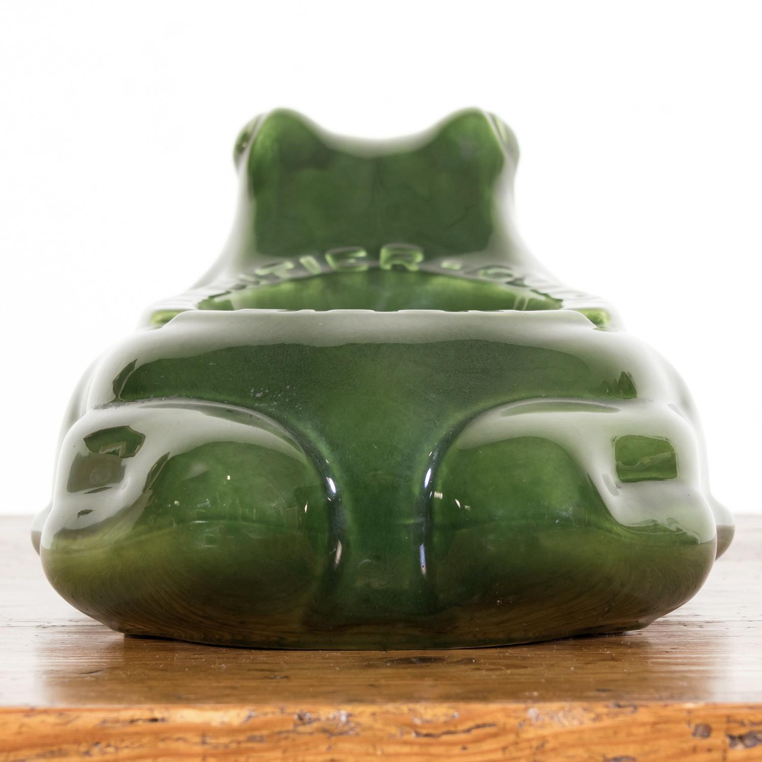 Large Vintage French L'HERITIER GUYOT DIJON Green Ceramic Frog Ad Ashtray 3