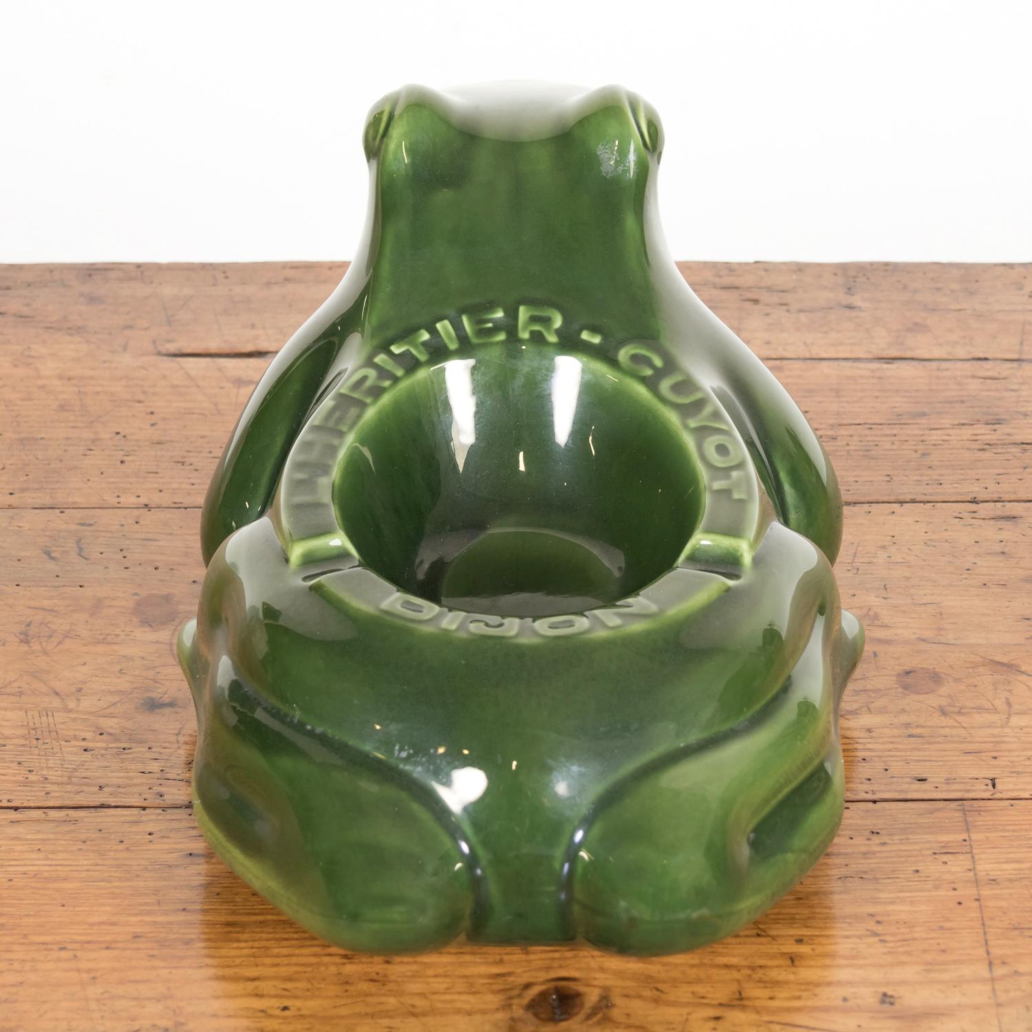 Large Vintage French L'HERITIER GUYOT DIJON Green Ceramic Frog Ad Ashtray For Sale 4