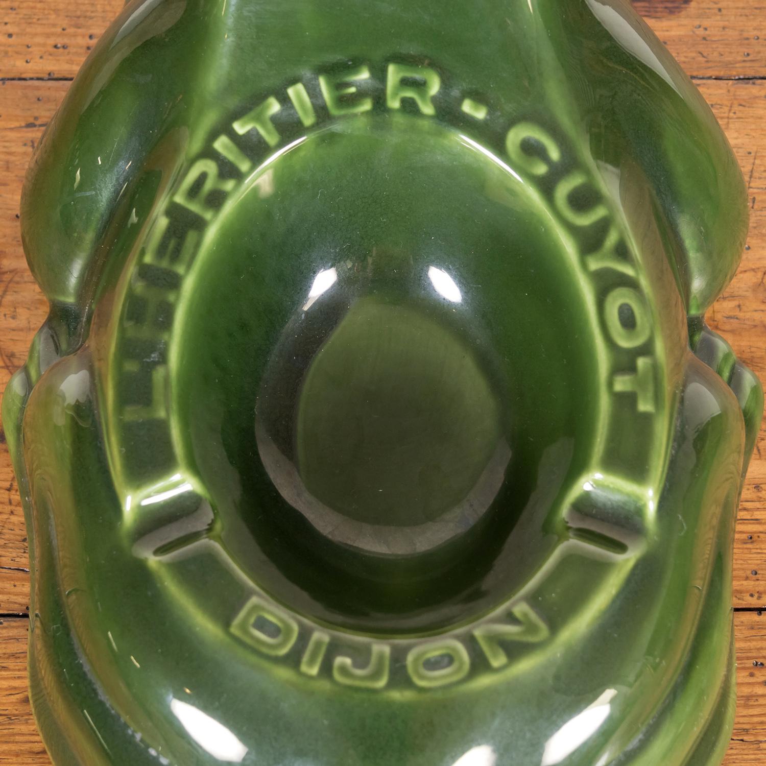 Large Vintage French L'HERITIER GUYOT DIJON Green Ceramic Frog Ad Ashtray For Sale 7