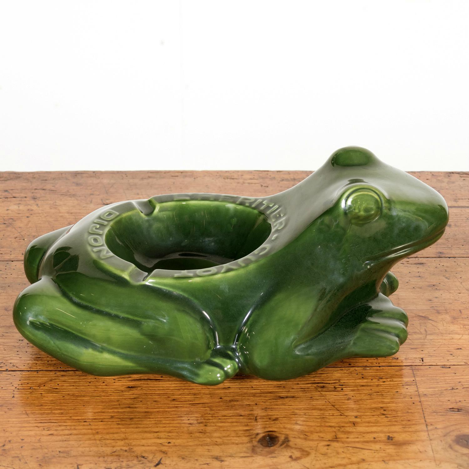 Mid-Century Modern Large Vintage French L'HERITIER GUYOT DIJON Green Ceramic Frog Ad Ashtray For Sale