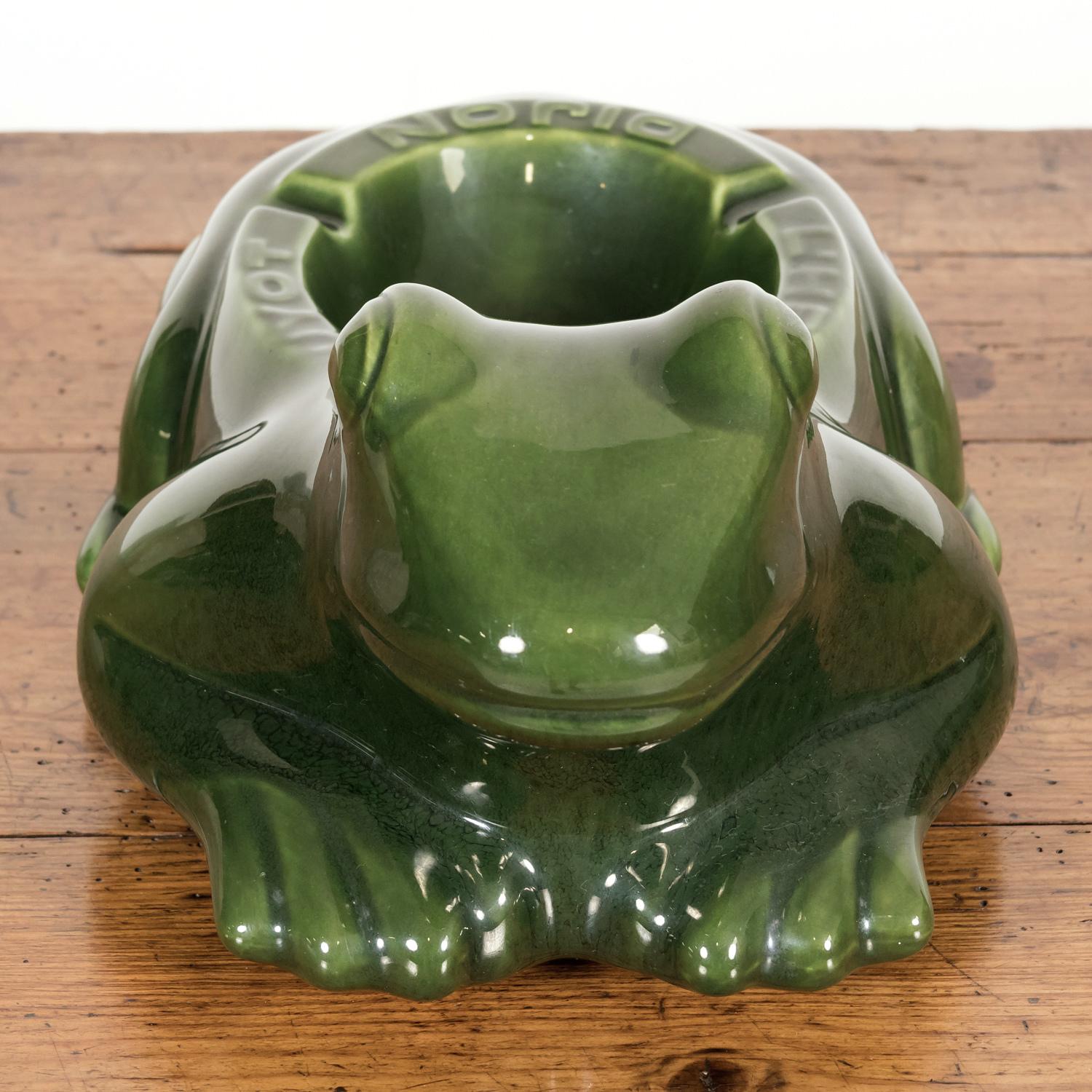 Mid-20th Century Large Vintage French L'HERITIER GUYOT DIJON Green Ceramic Frog Ad Ashtray