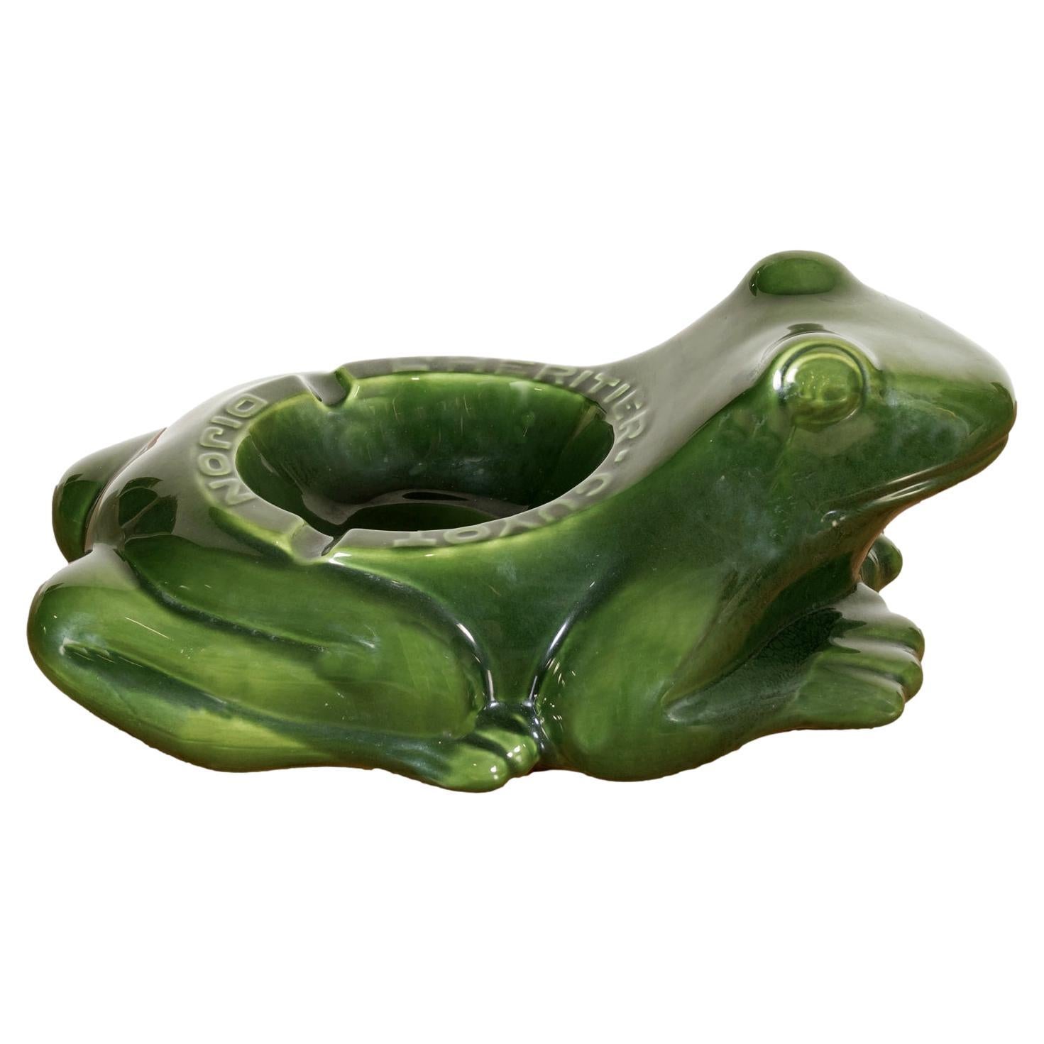 Large Vintage French L'HERITIER GUYOT DIJON Green Ceramic Frog Ad Ashtray For Sale