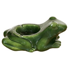 Large Vintage French L'HERITIER GUYOT DIJON Green Ceramic Frog Ad Ashtray