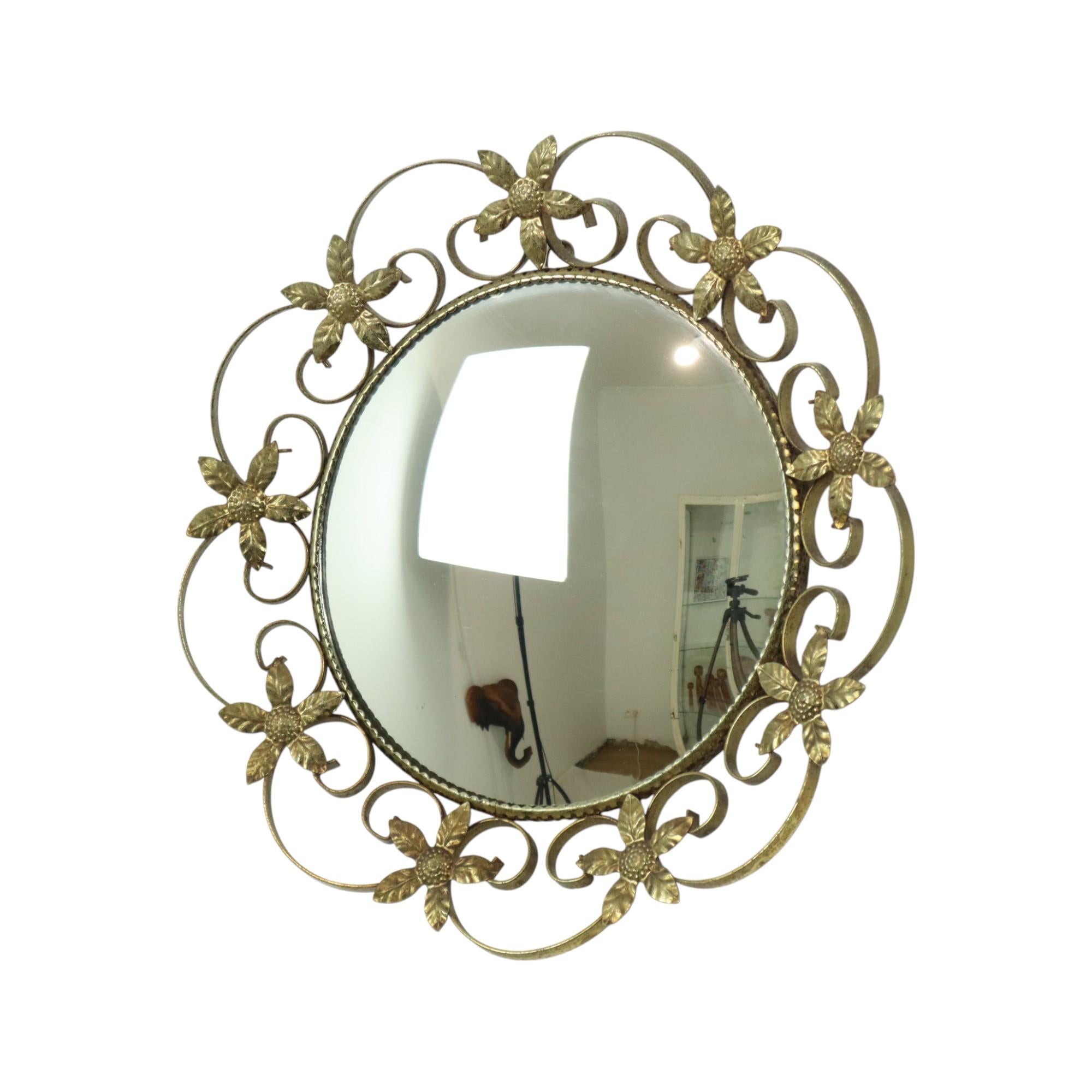 Grand miroir français vintage convexe à fleurs en vente 4