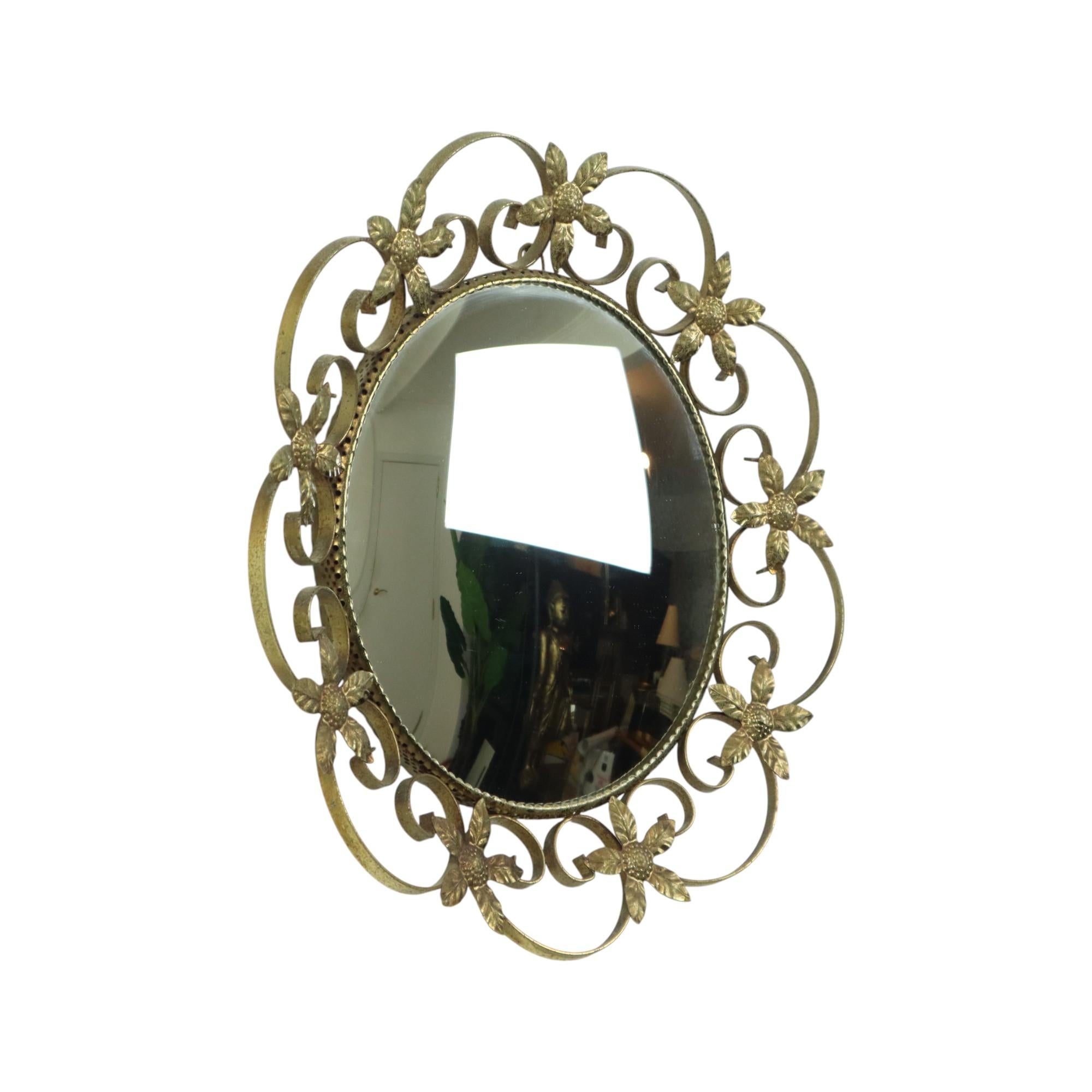 Milieu du XXe siècle Grand miroir français vintage convexe à fleurs en vente