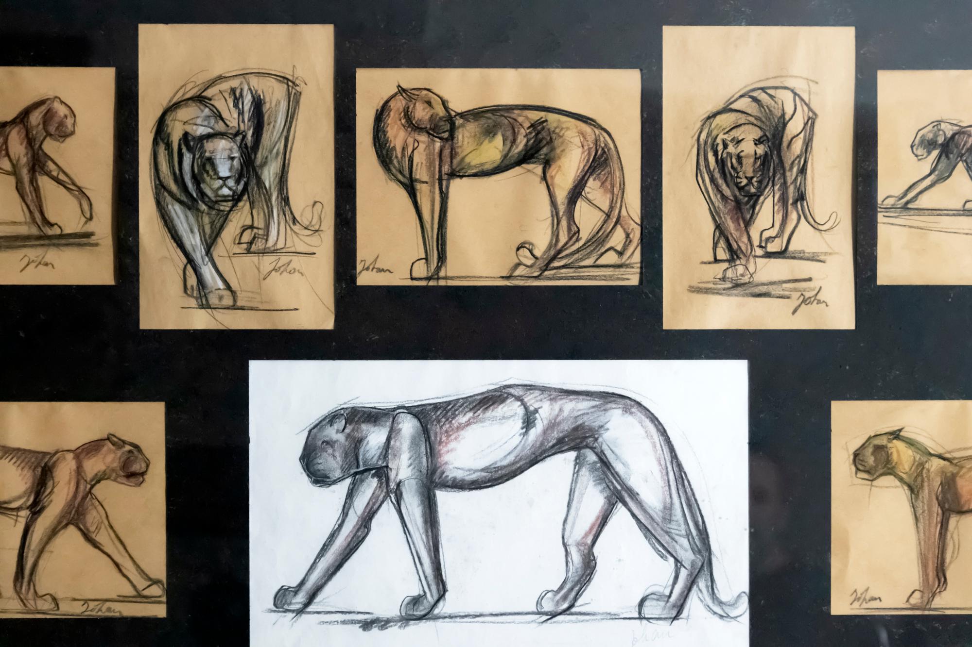 Grande peinture française de panthère au pastel signée Johan 