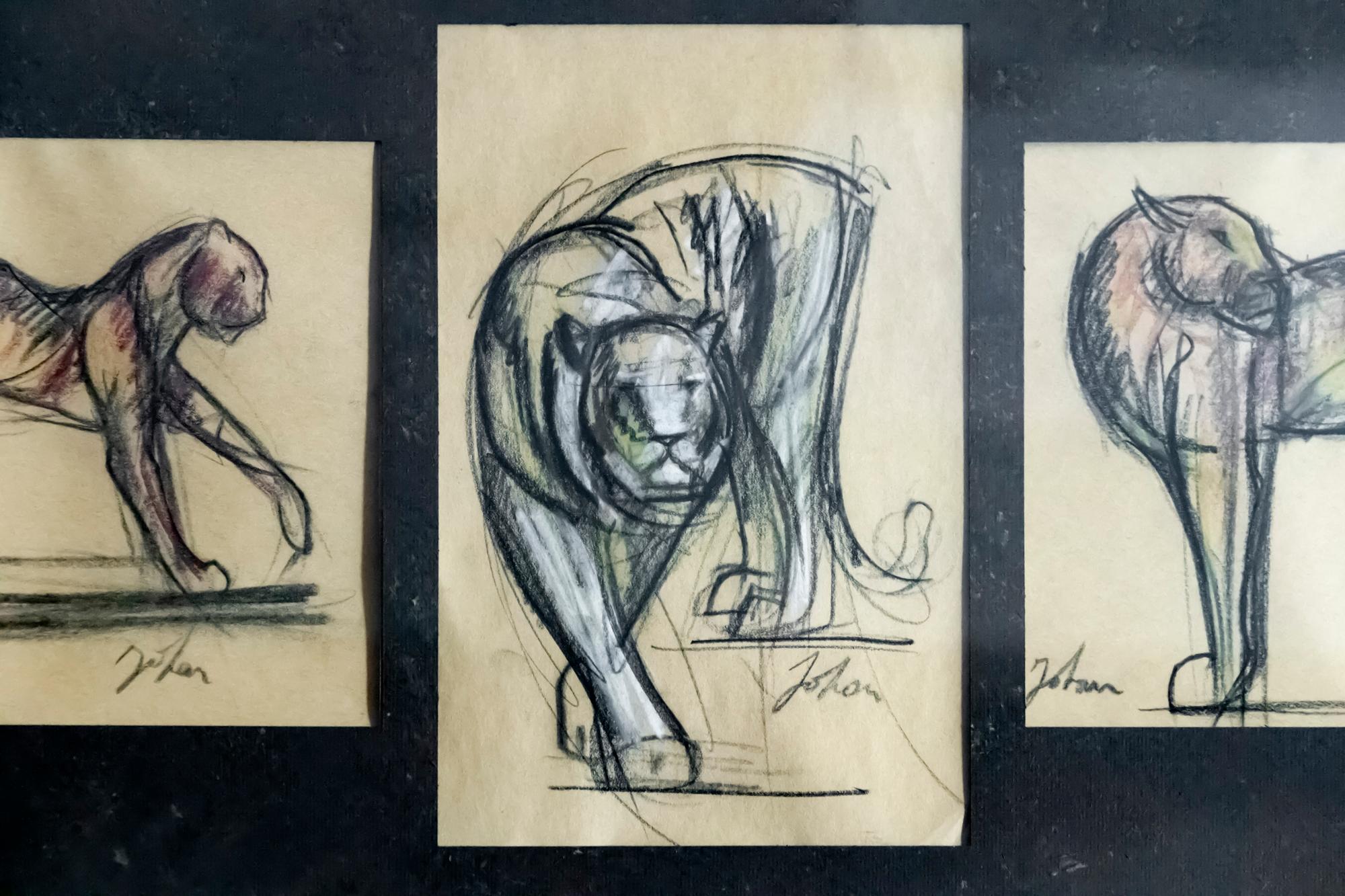 20ième siècle Grande peinture française de panthère au pastel signée Johan 