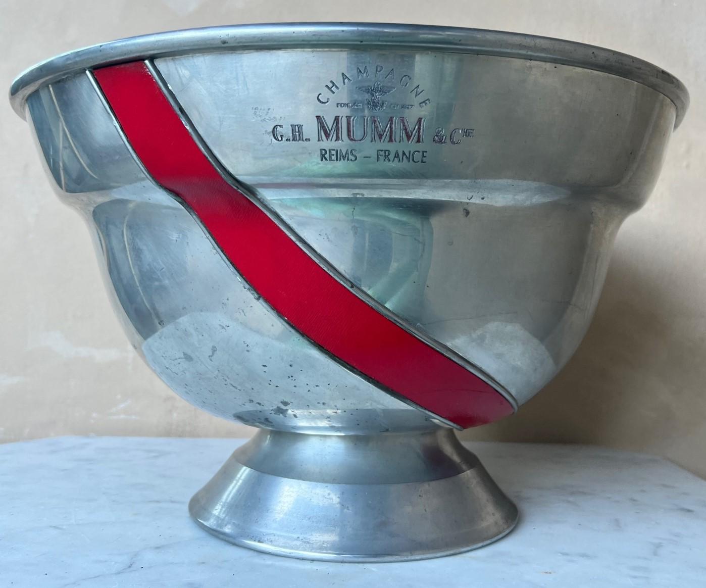 Mid-Century Modern Large Vintage French Pewter Champagne Bucket With Leather Stripe by Mumm