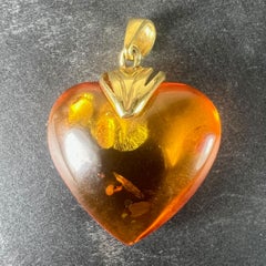 Large Vintage French Puffy Heart 18K Yellow Gold Amber Charm Pendant