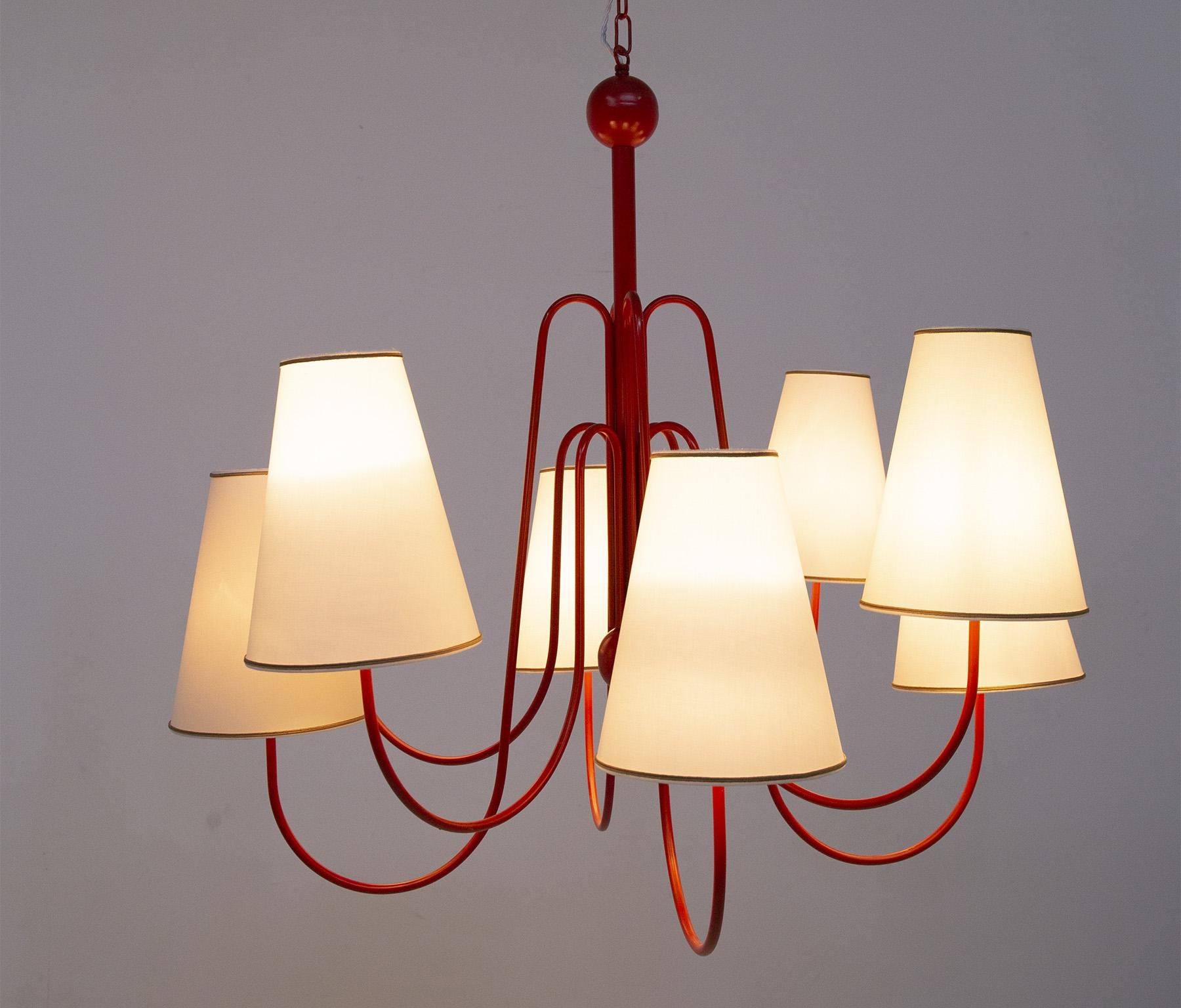 Mid-Century Modern Large Vintage French Red Brass 8-Light Chandelier For Sale