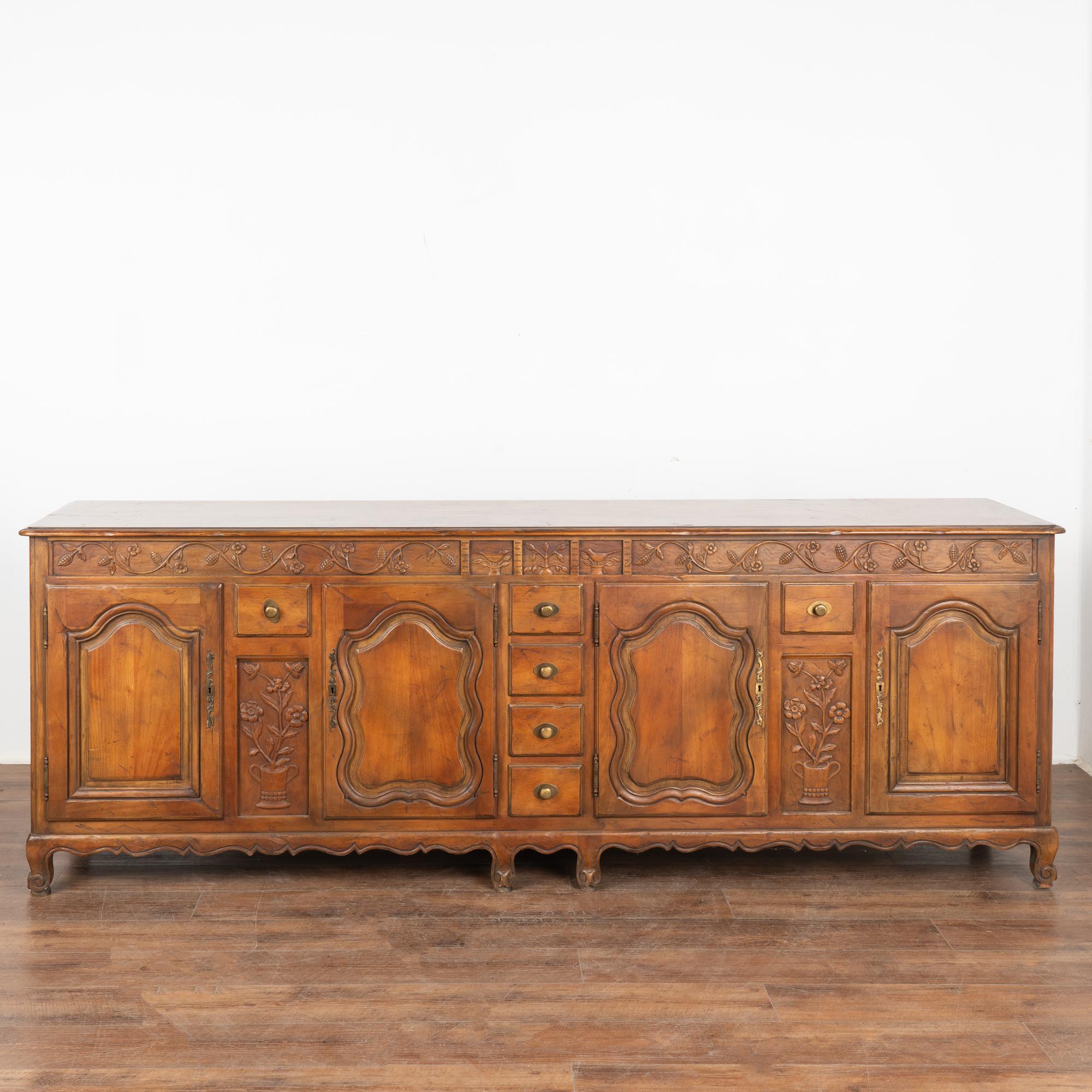 Walnut Large Vintage French Sideboard Buffet with Carved Details, circa 1960-80