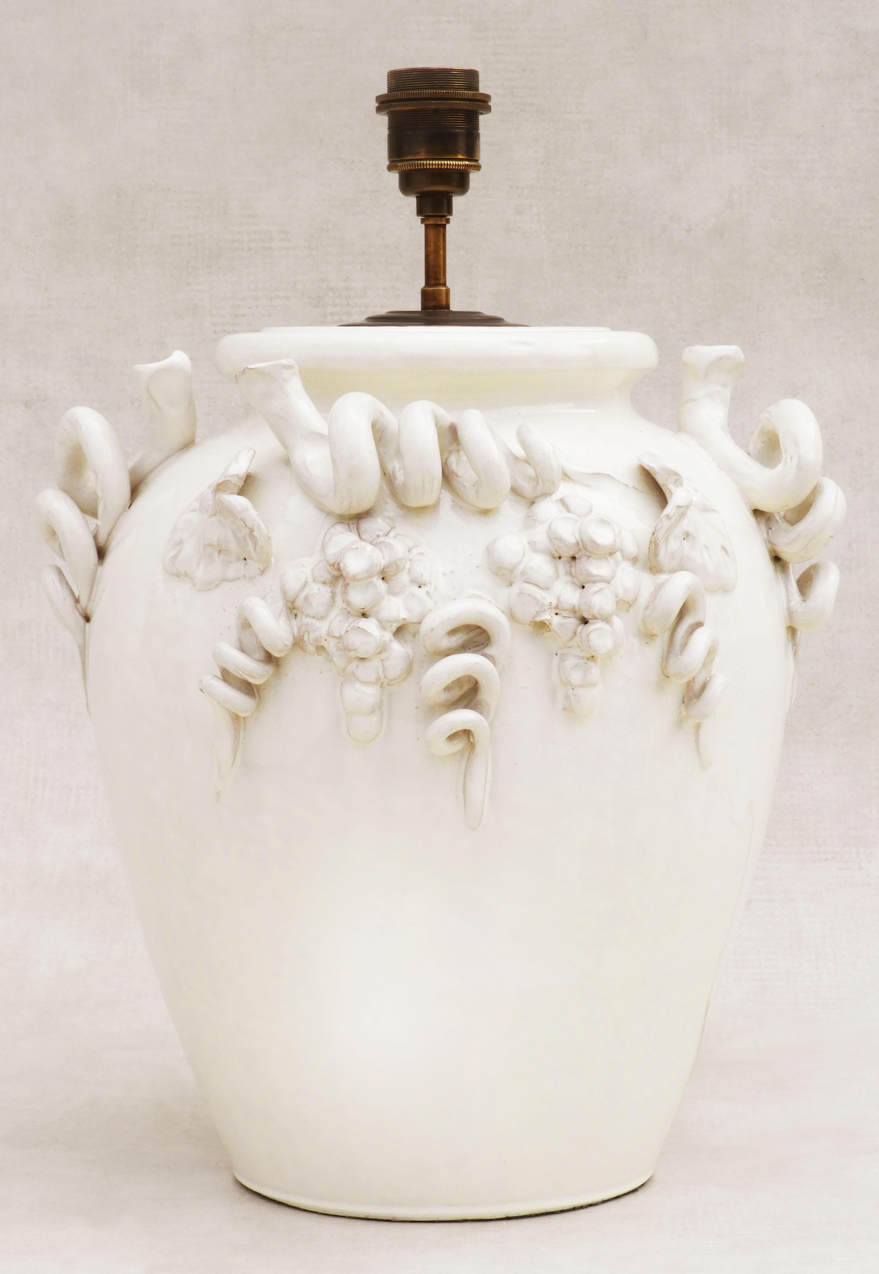Large Vintage French Vine Themed White Glazed Terracotta Table Lamp 5