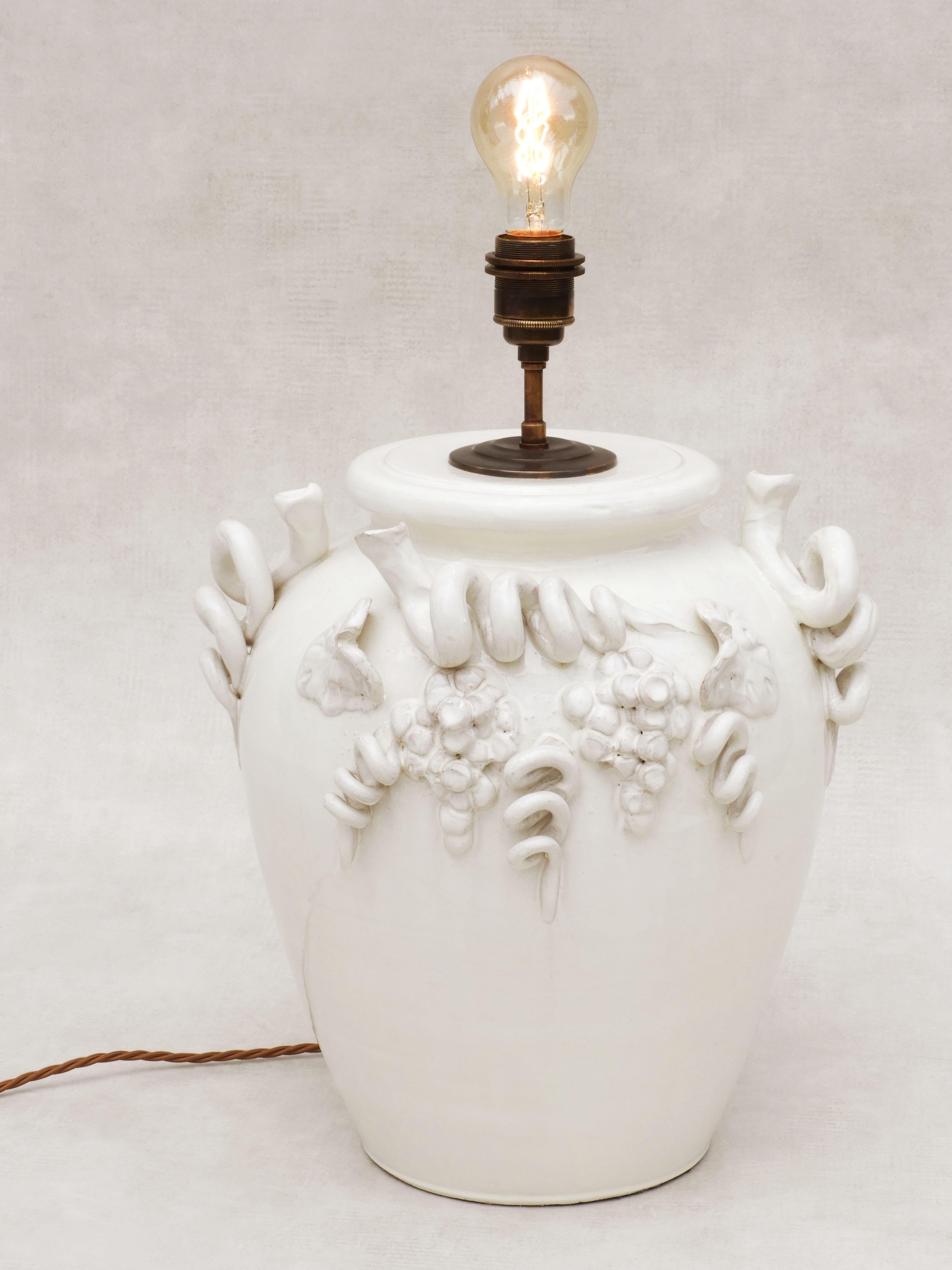 French Provincial Large Vintage French Vine Themed White Glazed Terracotta Table Lamp