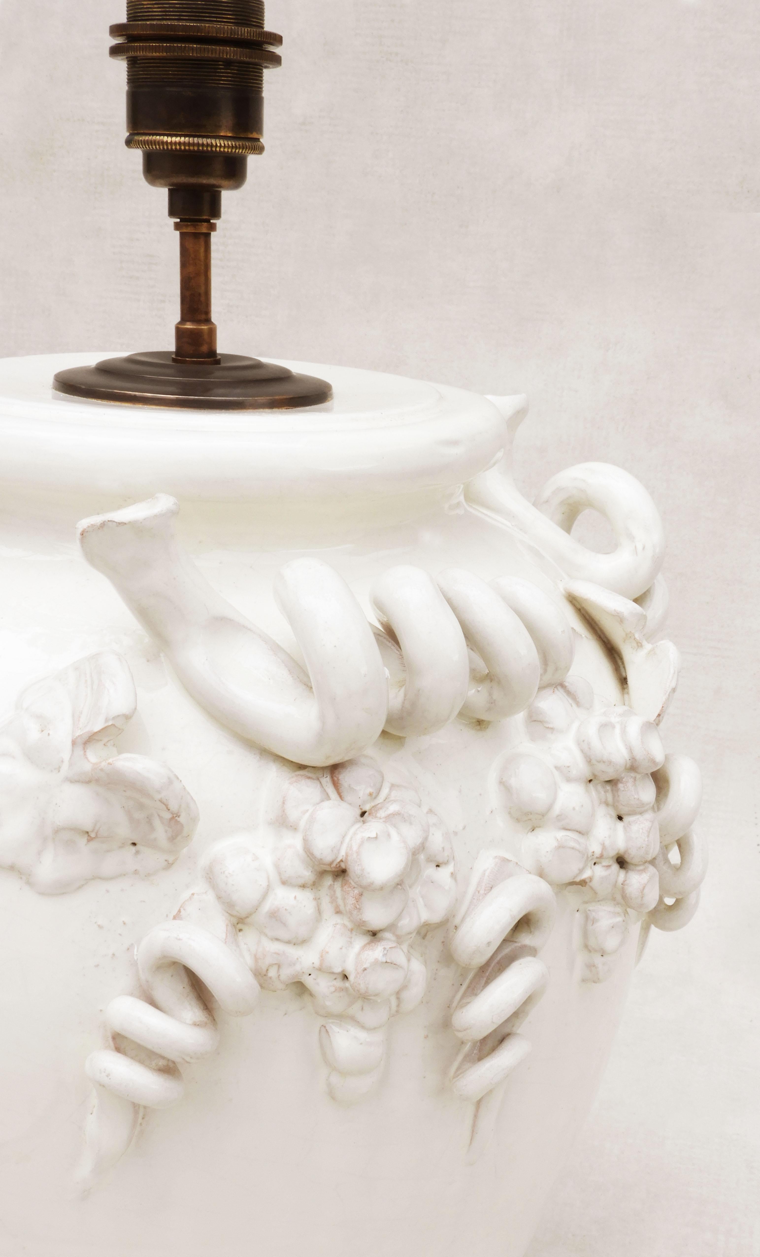 Ceramic Large Vintage French Vine Themed White Glazed Terracotta Table Lamp