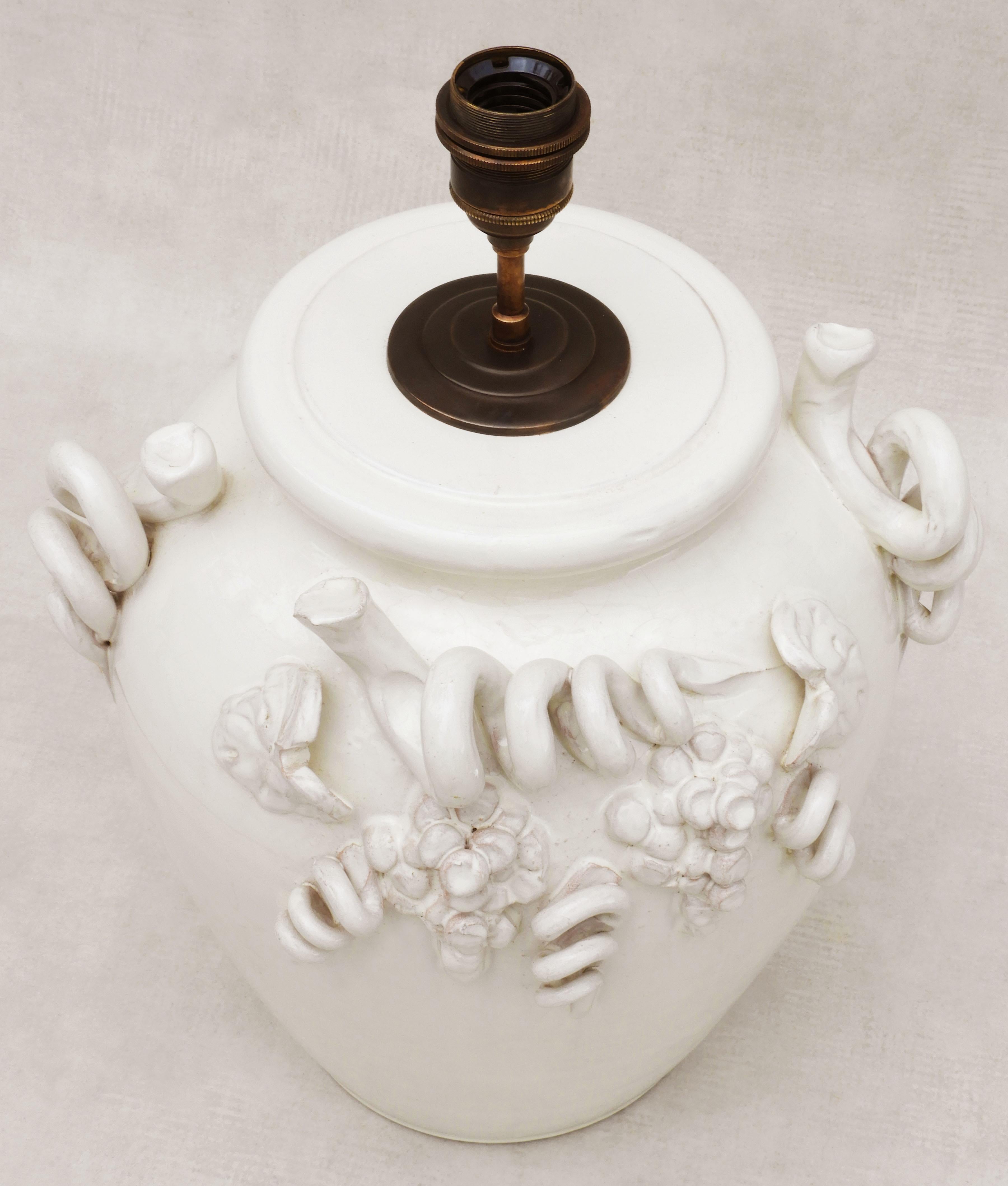 Large Vintage French Vine Themed White Glazed Terracotta Table Lamp 1