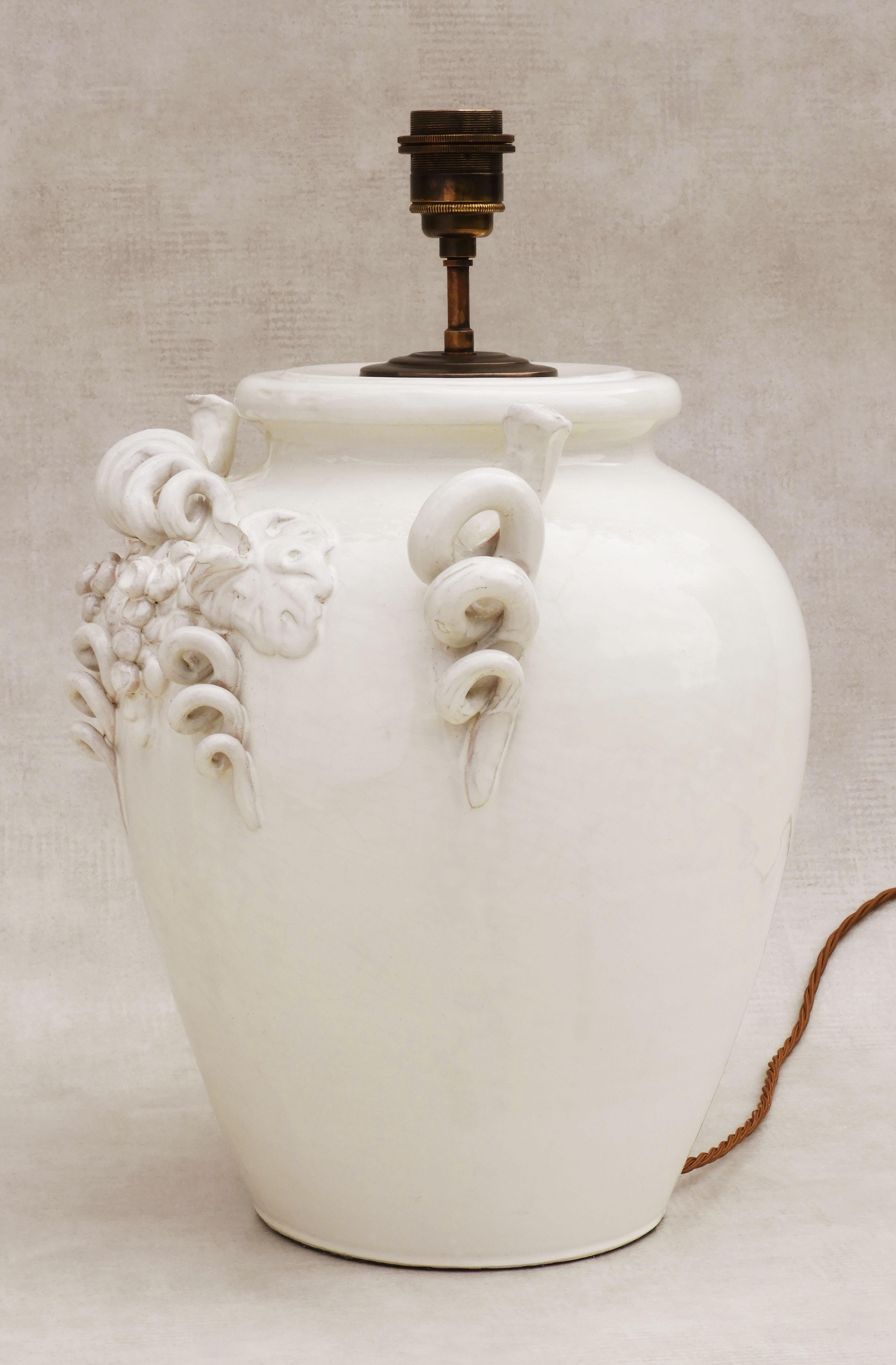 Large Vintage French Vine Themed White Glazed Terracotta Table Lamp 2