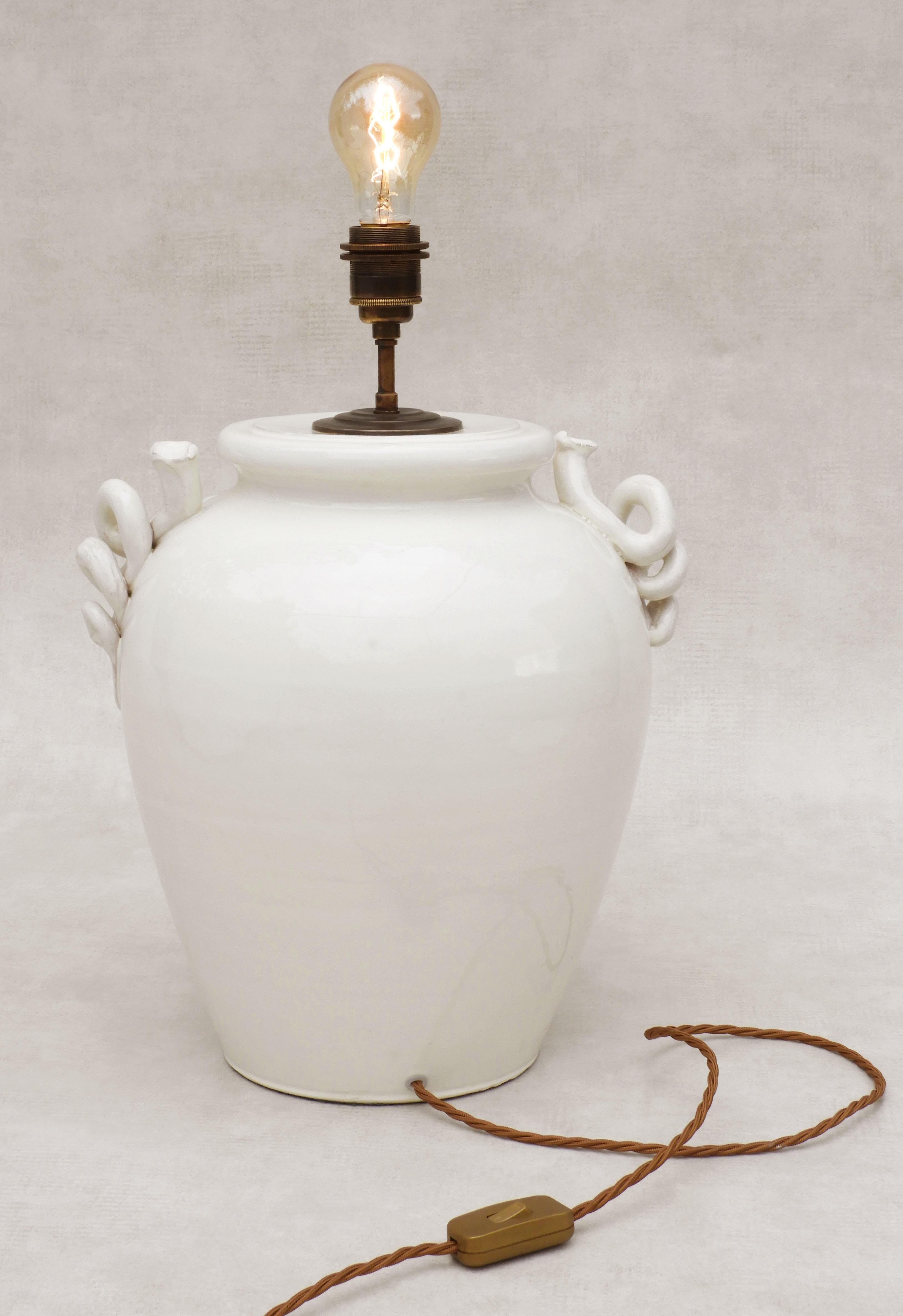 Large Vintage French Vine Themed White Glazed Terracotta Table Lamp 3