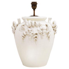 Large Vintage French Vine Themed White Glazed Terracotta Table Lamp