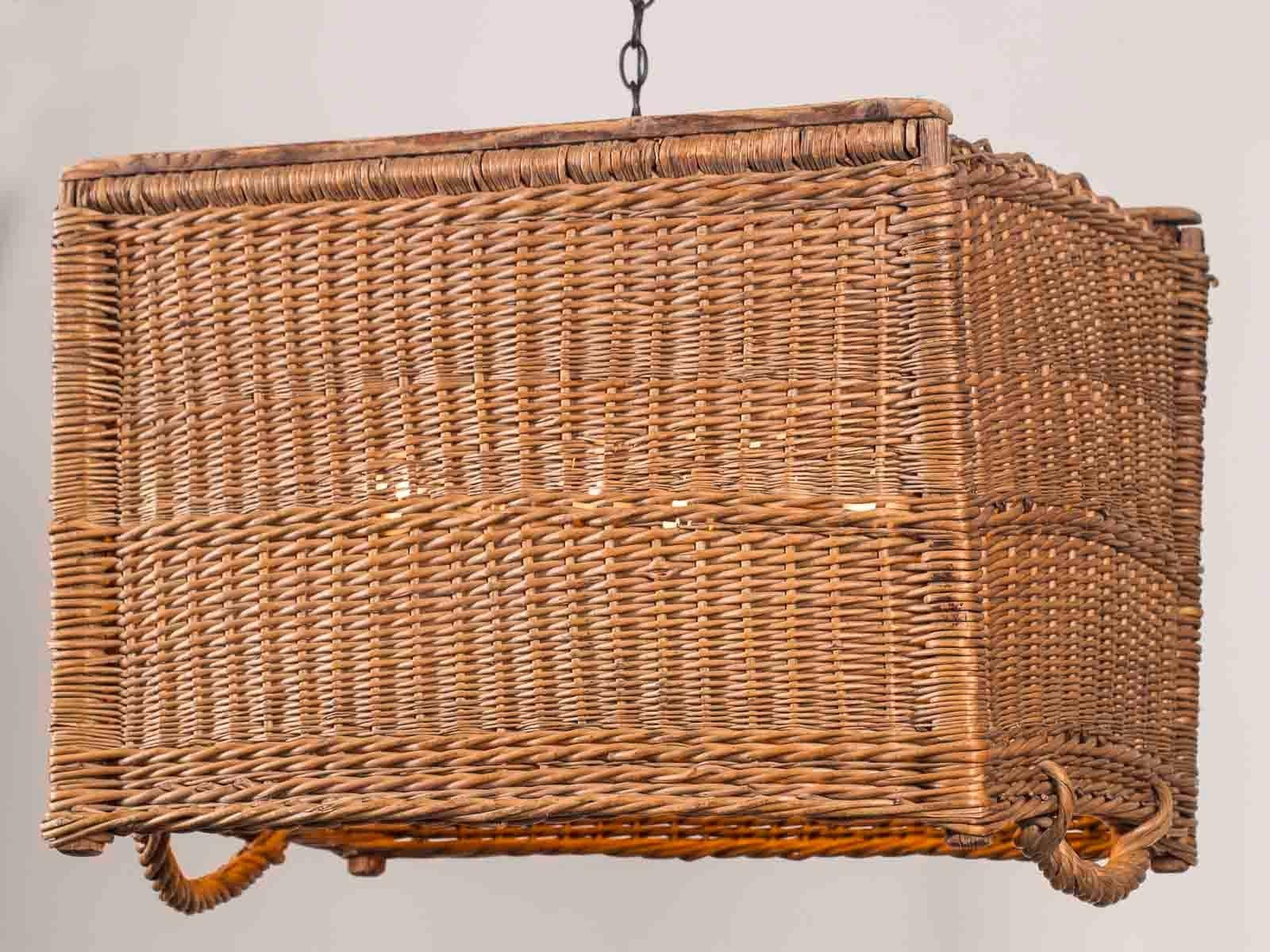 Rustic Large Vintage French Wicker Basket Chandelier Fixture, France, circa 1920