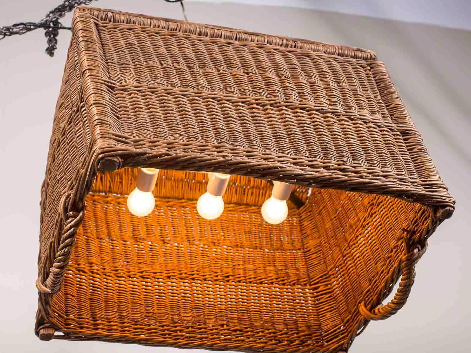 Large Vintage French Wicker Basket Chandelier Fixture, France, circa 1920 1