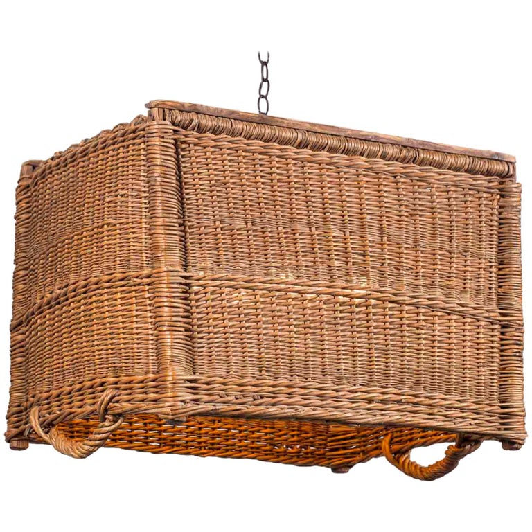 Large Vintage French Wicker Basket Chandelier Fixture, France, circa