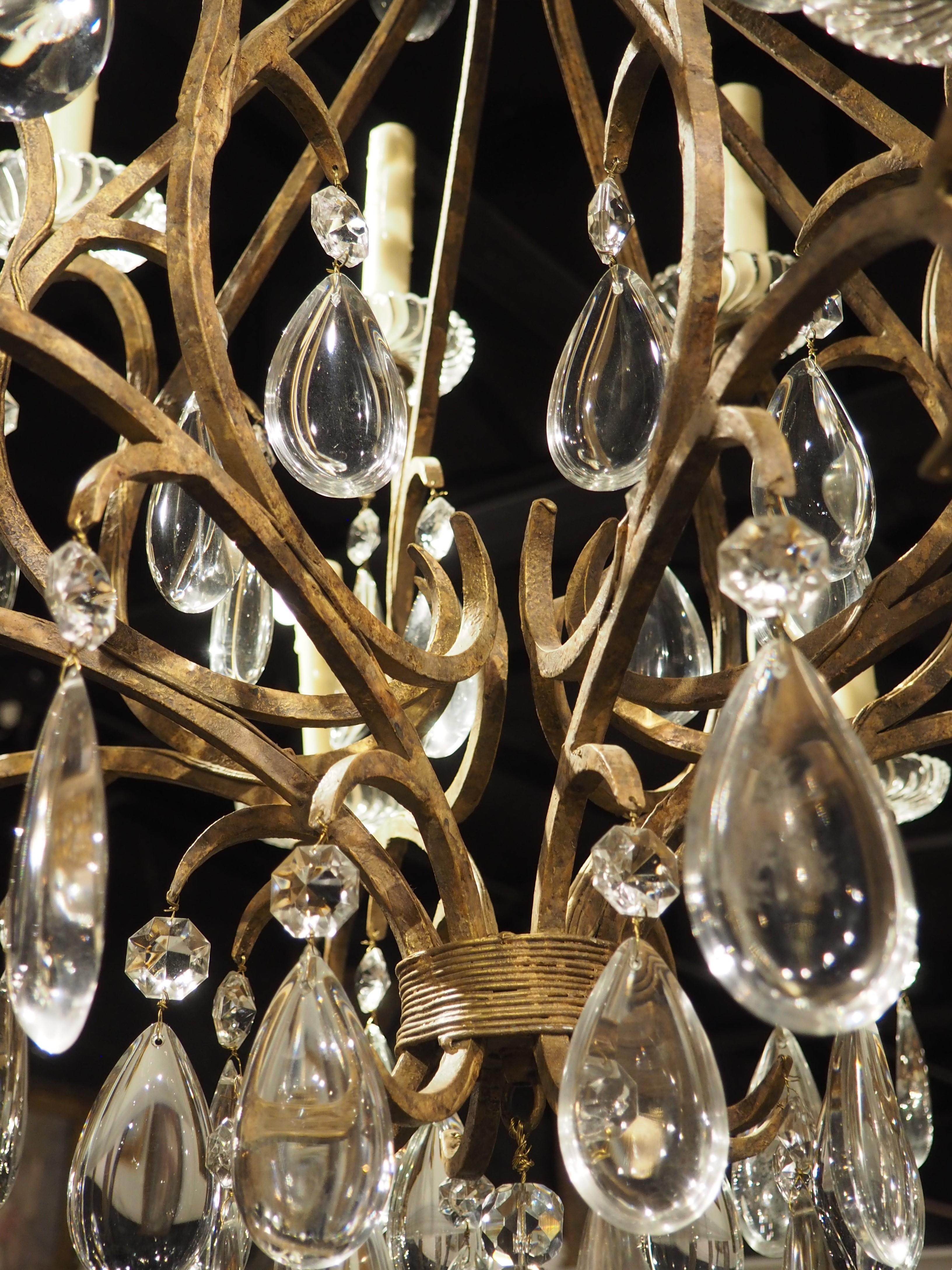 Large Vintage French Wrought Iron and Crystal Chandelier For Sale 5