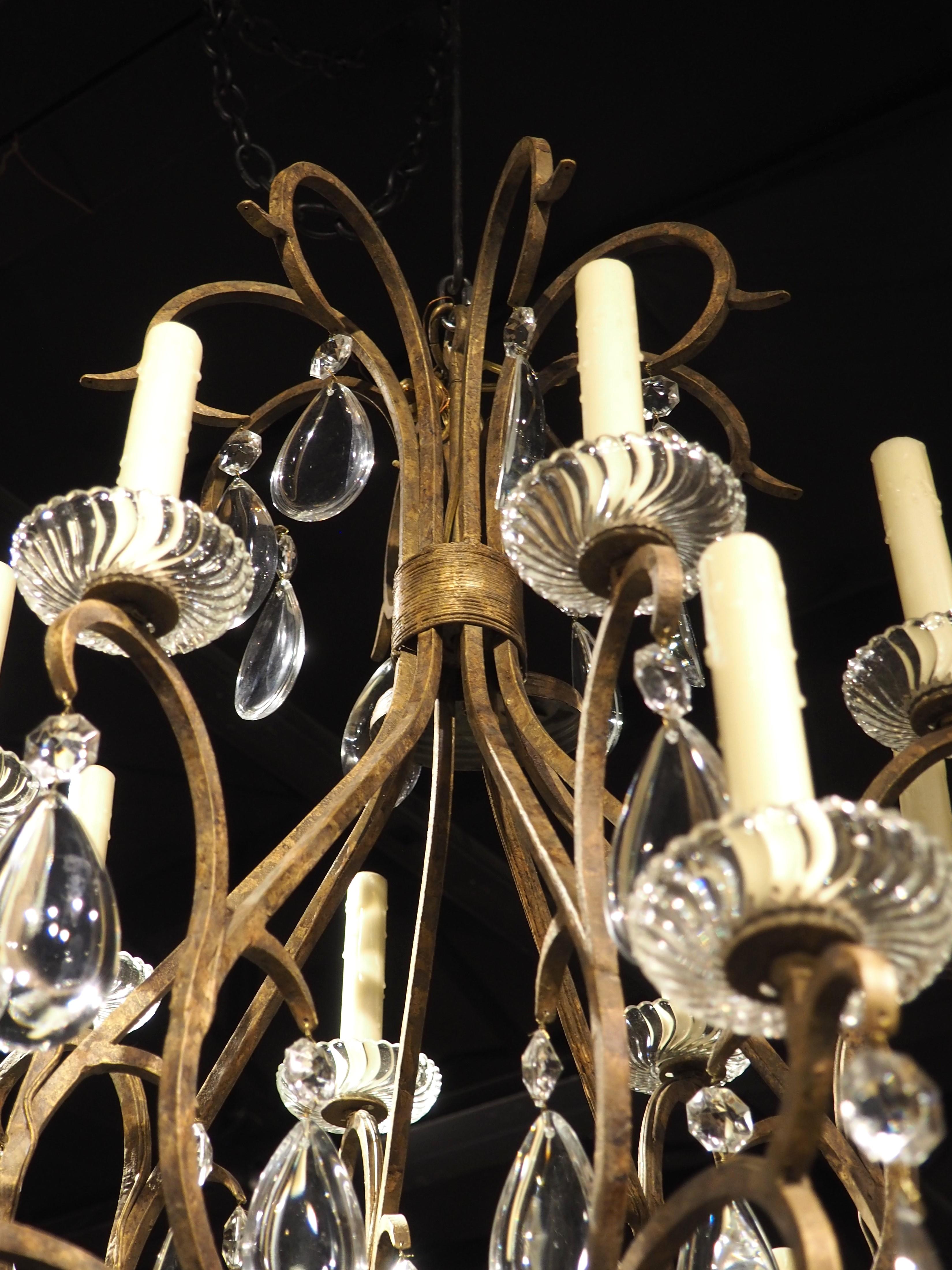 Large Vintage French Wrought Iron and Crystal Chandelier For Sale 6