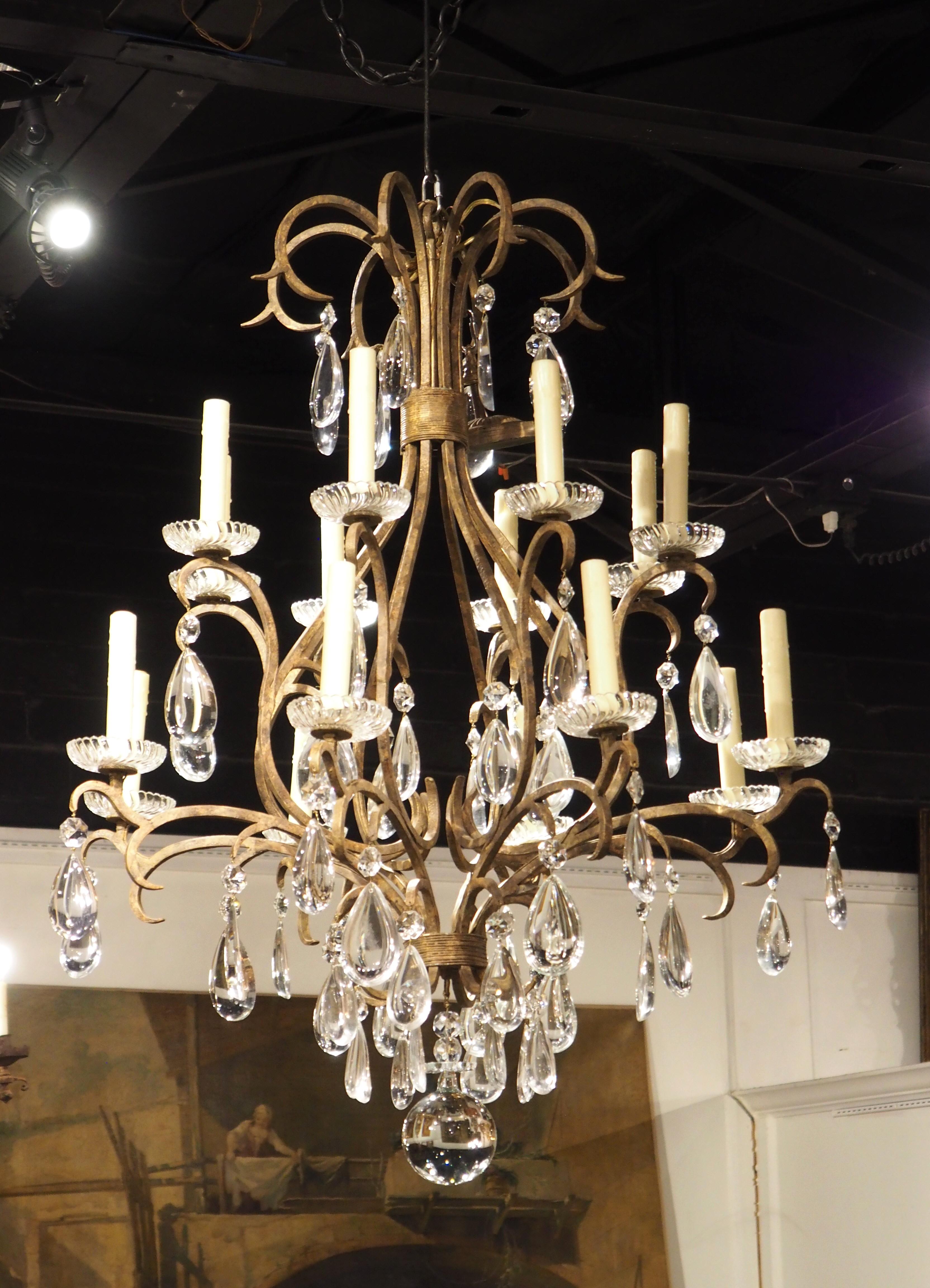Large Vintage French Wrought Iron and Crystal Chandelier For Sale 7
