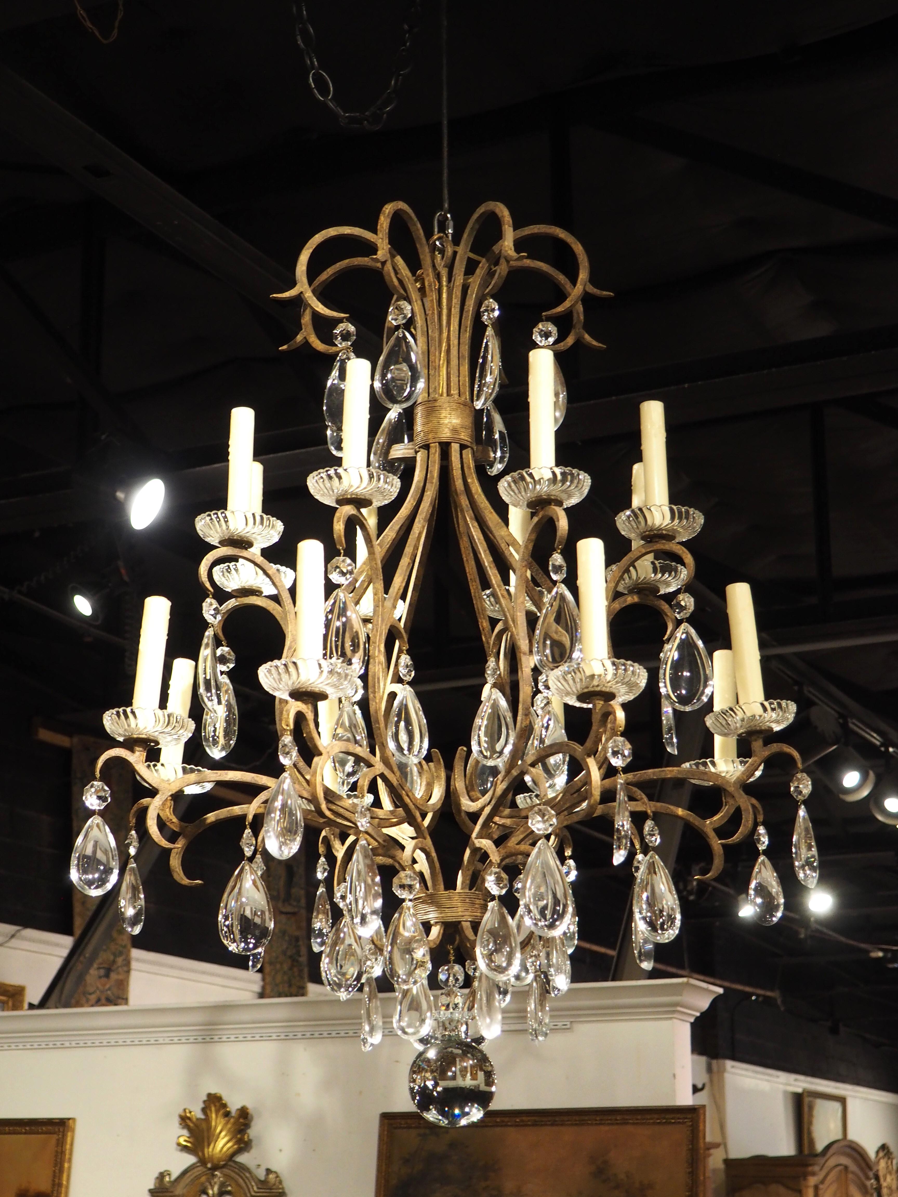 Large Vintage French Wrought Iron and Crystal Chandelier In Good Condition For Sale In Dallas, TX
