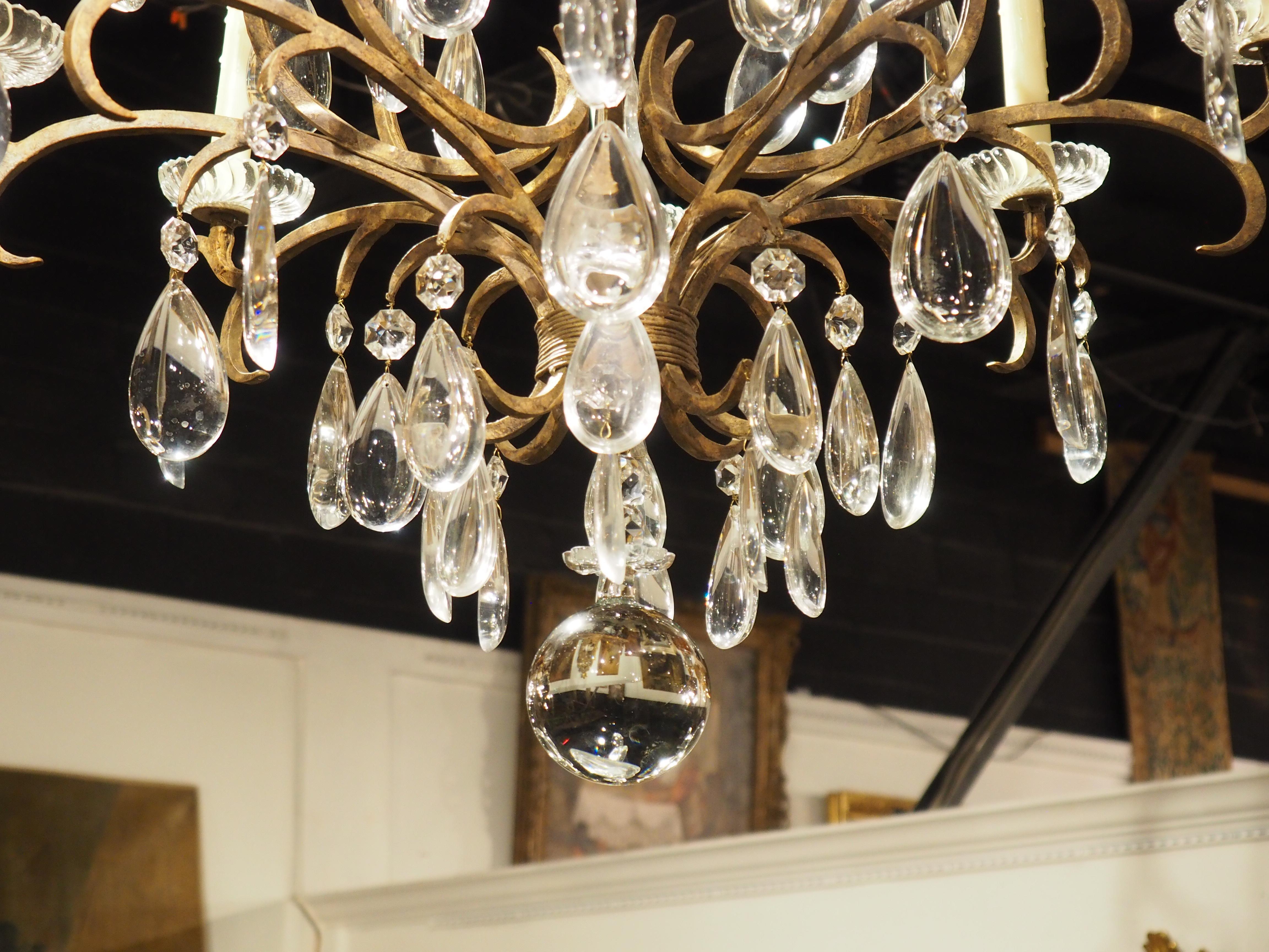 Metal Large Vintage French Wrought Iron and Crystal Chandelier For Sale