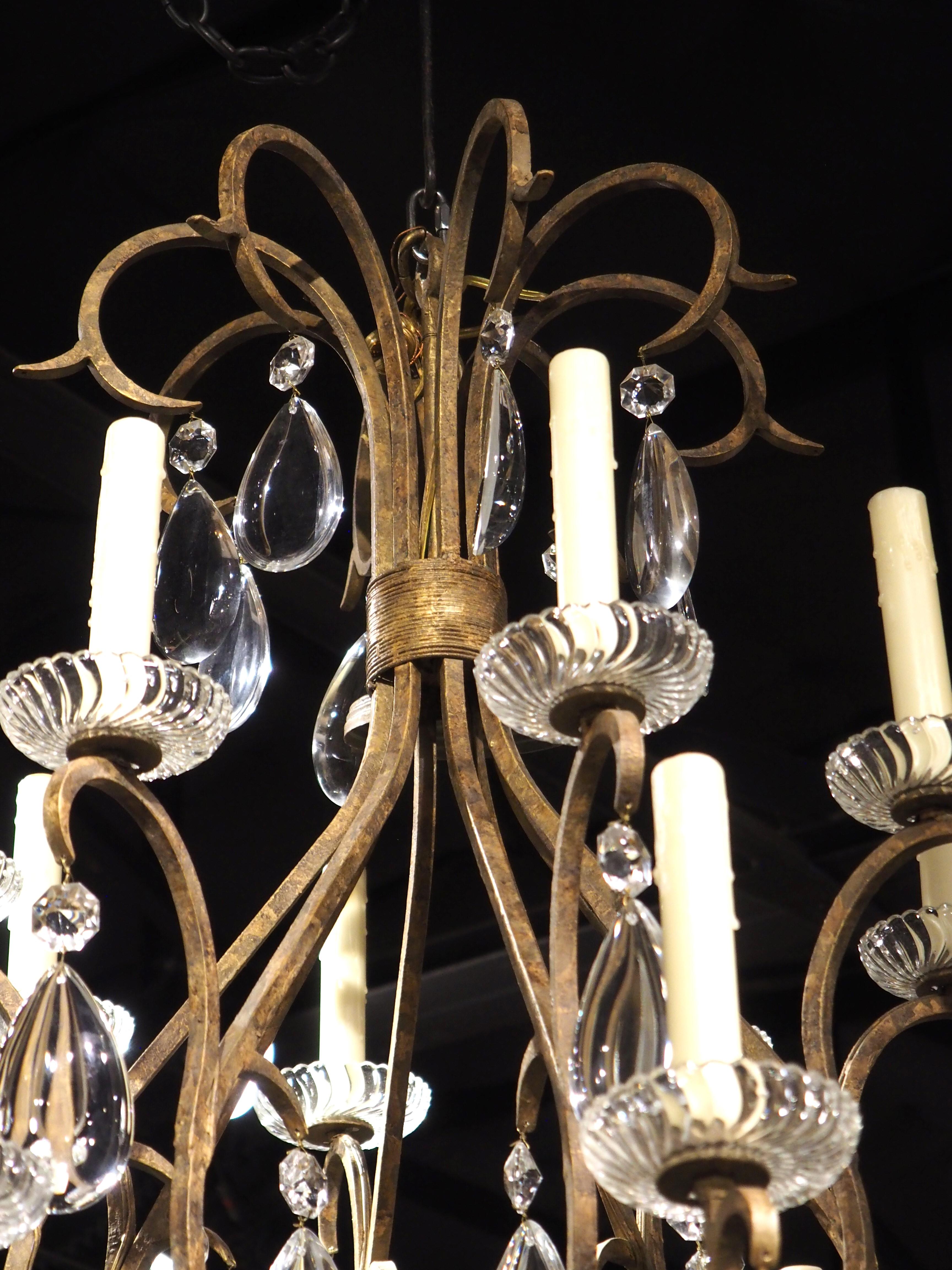 Large Vintage French Wrought Iron and Crystal Chandelier For Sale 1