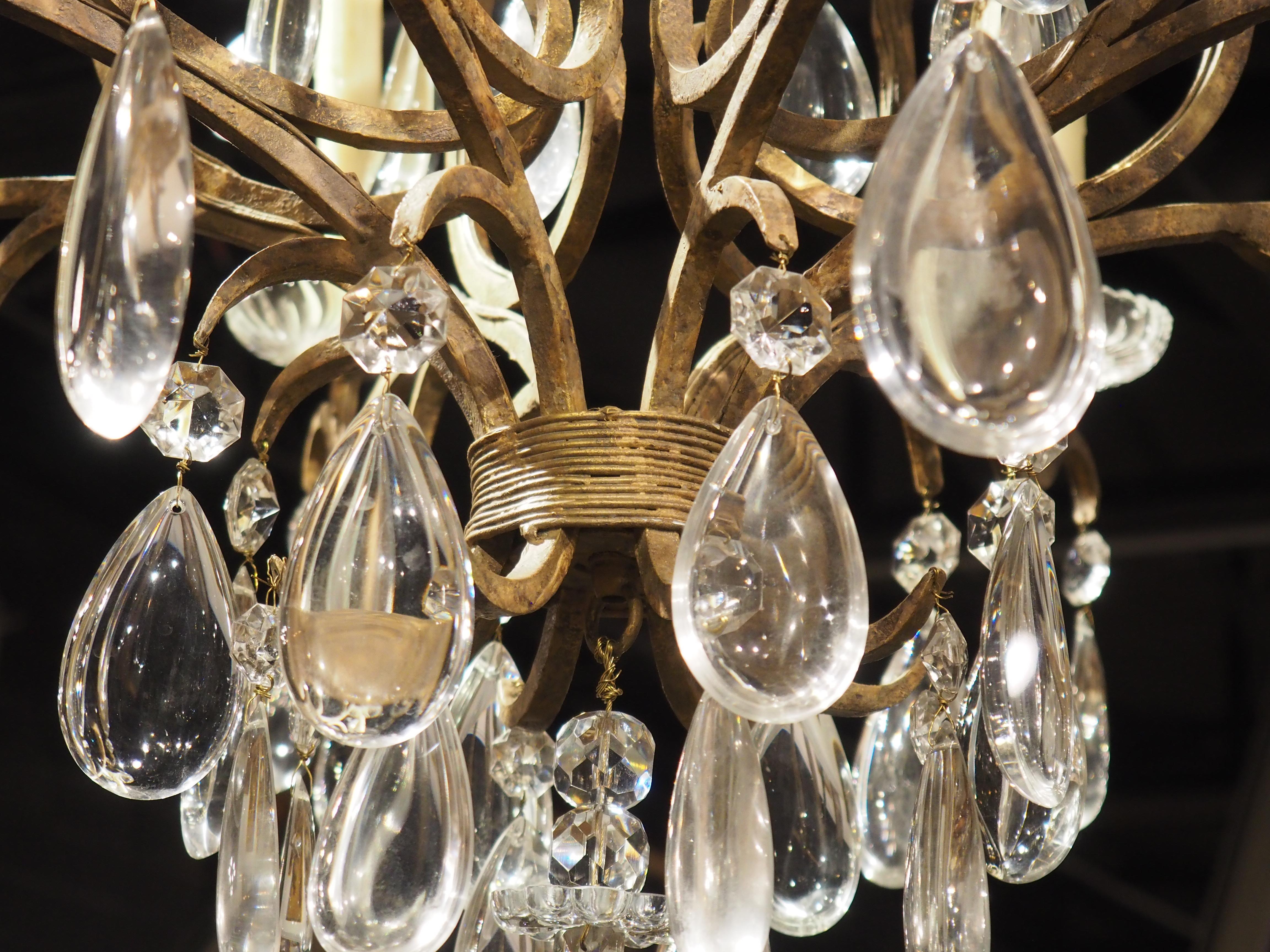 Large Vintage French Wrought Iron and Crystal Chandelier For Sale 2