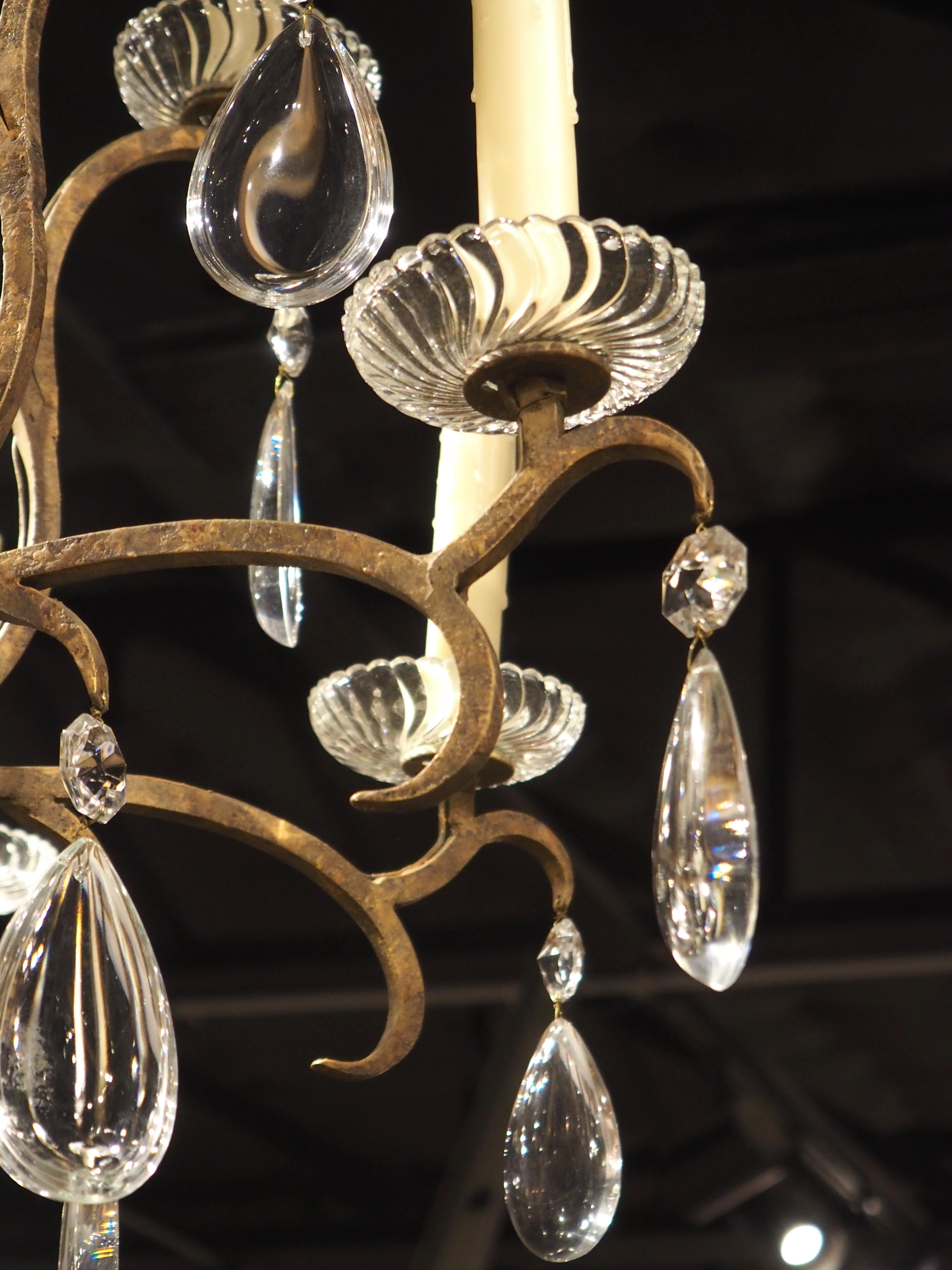 Large Vintage French Wrought Iron and Crystal Chandelier For Sale 3