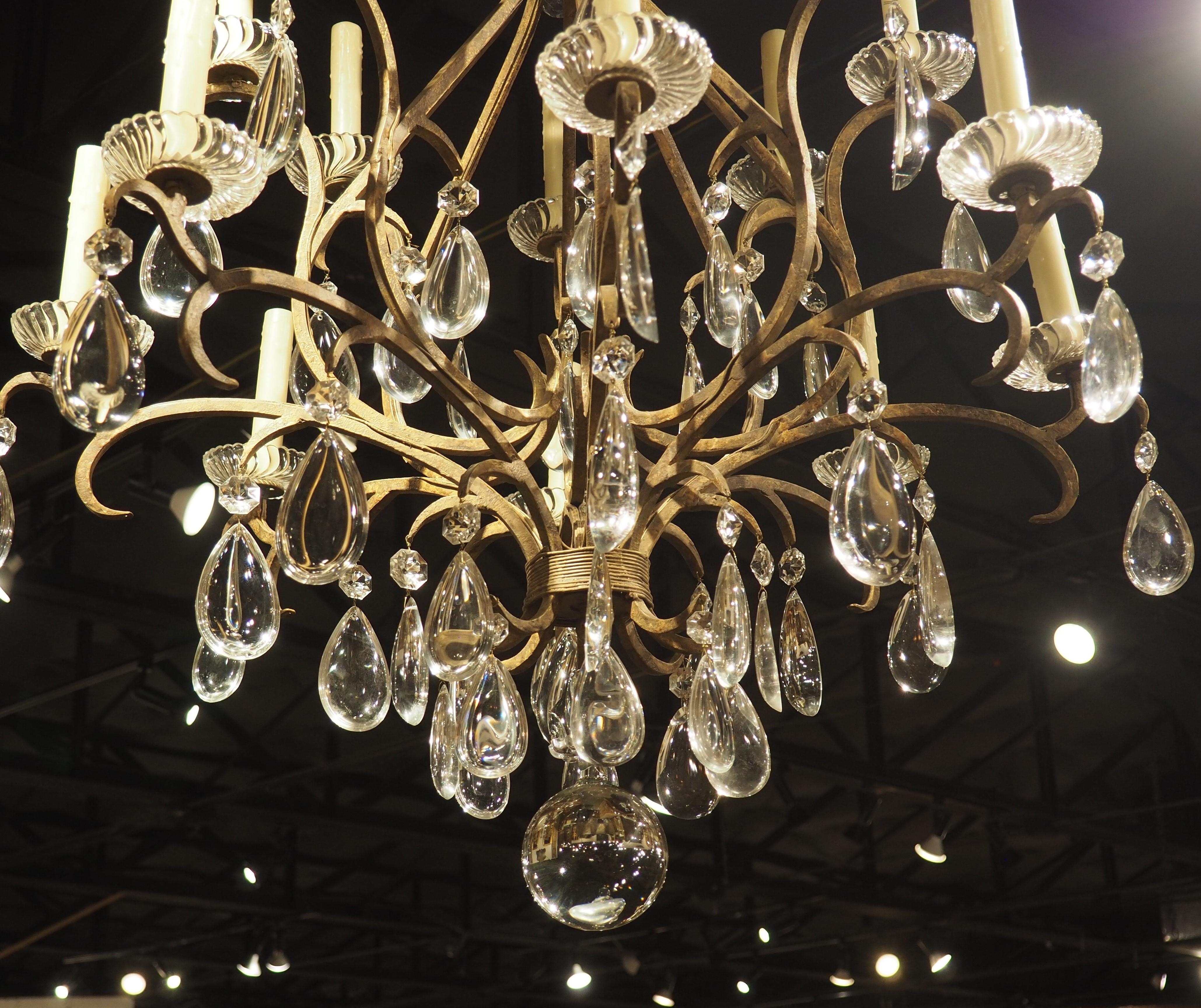 Large Vintage French Wrought Iron and Crystal Chandelier For Sale 4