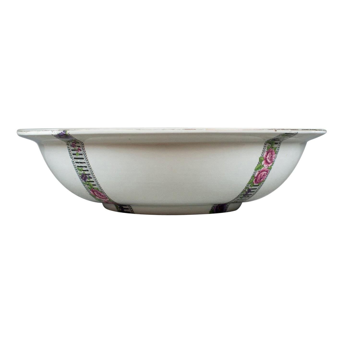Large Vintage Fruit Bowl, Ceramic Basin, White, Decorative, Floral Bands For Sale