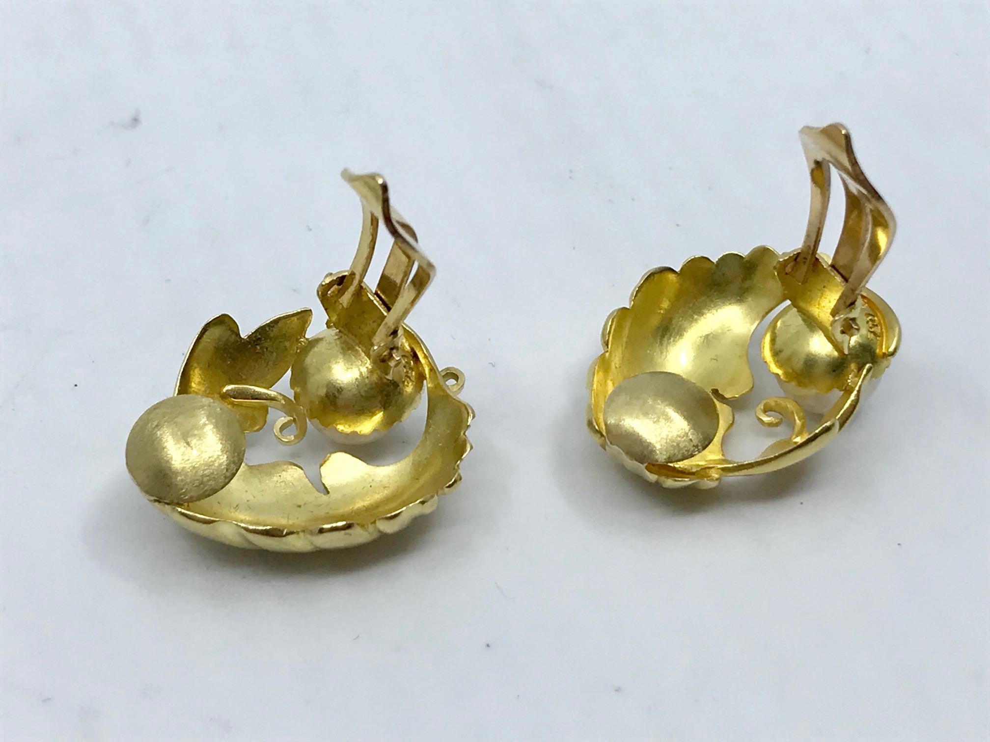 Art Nouveau Large Vintage Georg Jensen Gold Earrings #55 Pearls For Sale
