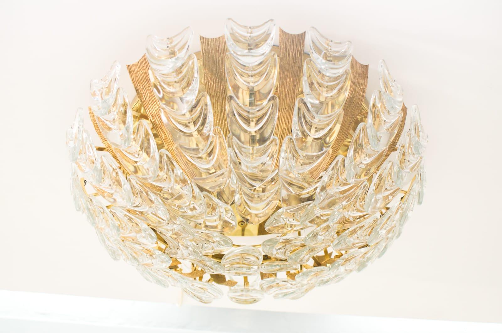 Mid-20th Century Large Vintage German Gilt Brass and Crystal Ceiling Lamp by Palwa, 1960s