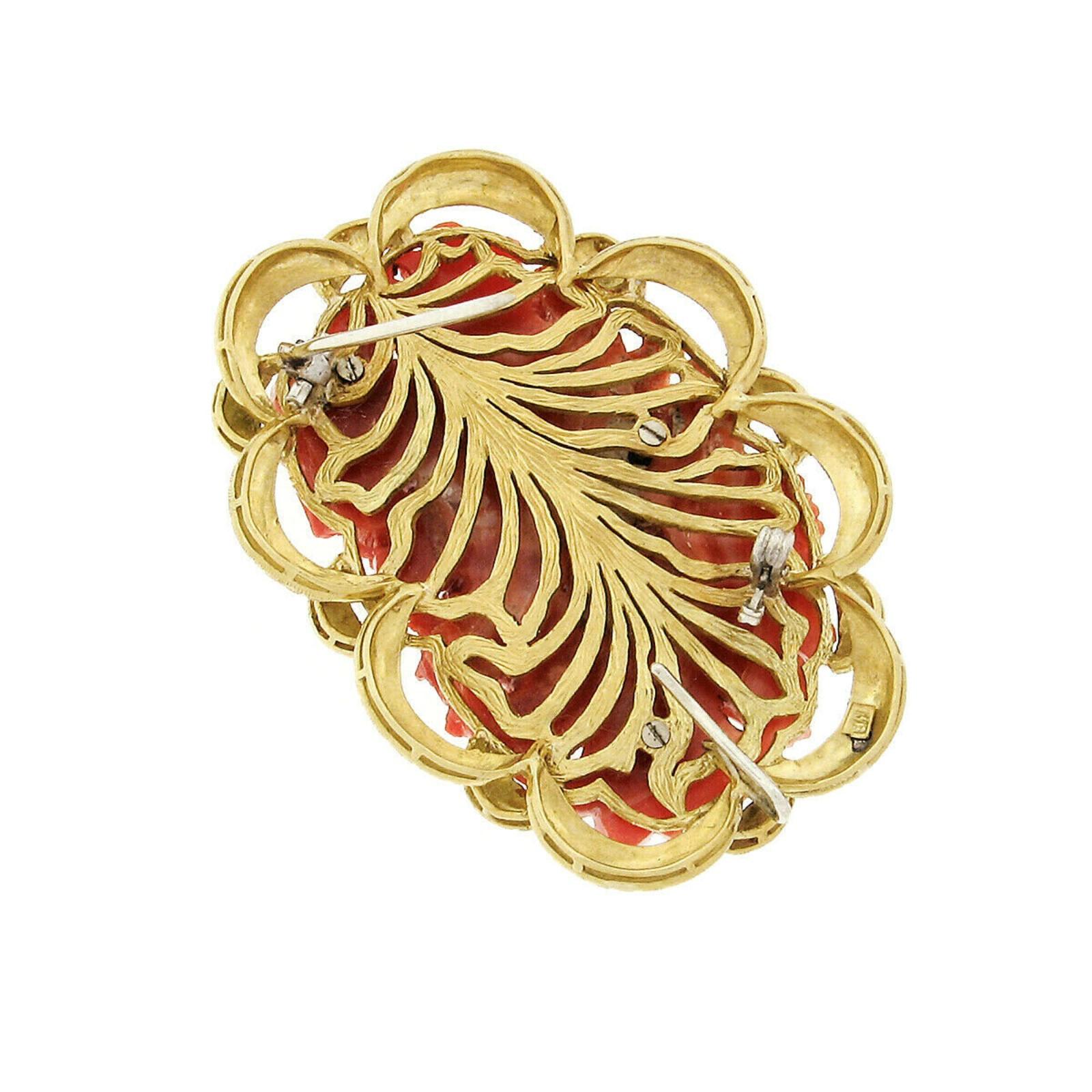 Uncut Large GIA No Dye Carved Red Coral Brooch with Hand Engraved 18 Karat Gold Frame For Sale