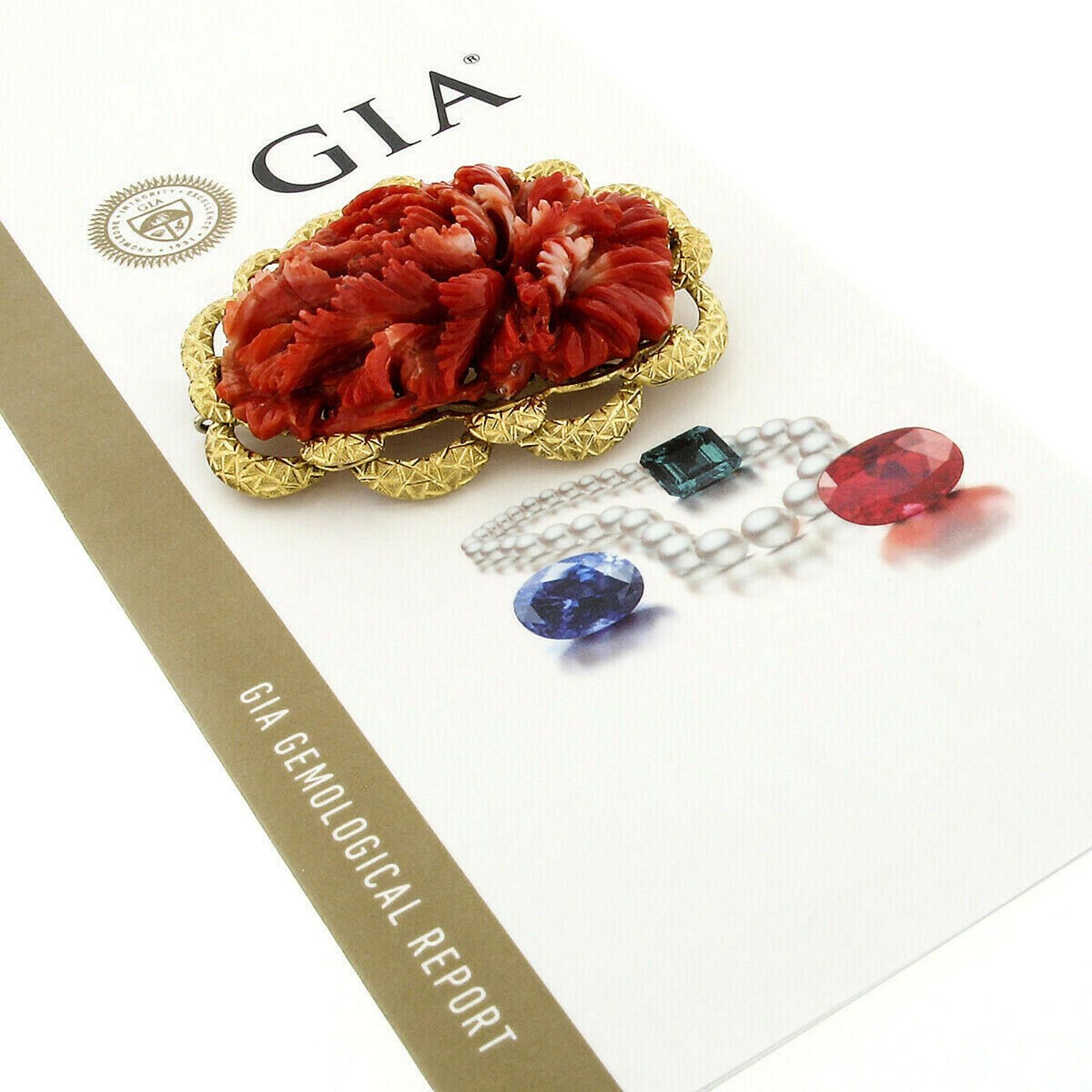 Large GIA No Dye Carved Red Coral Brooch with Hand Engraved 18 Karat Gold Frame In Good Condition For Sale In Montclair, NJ