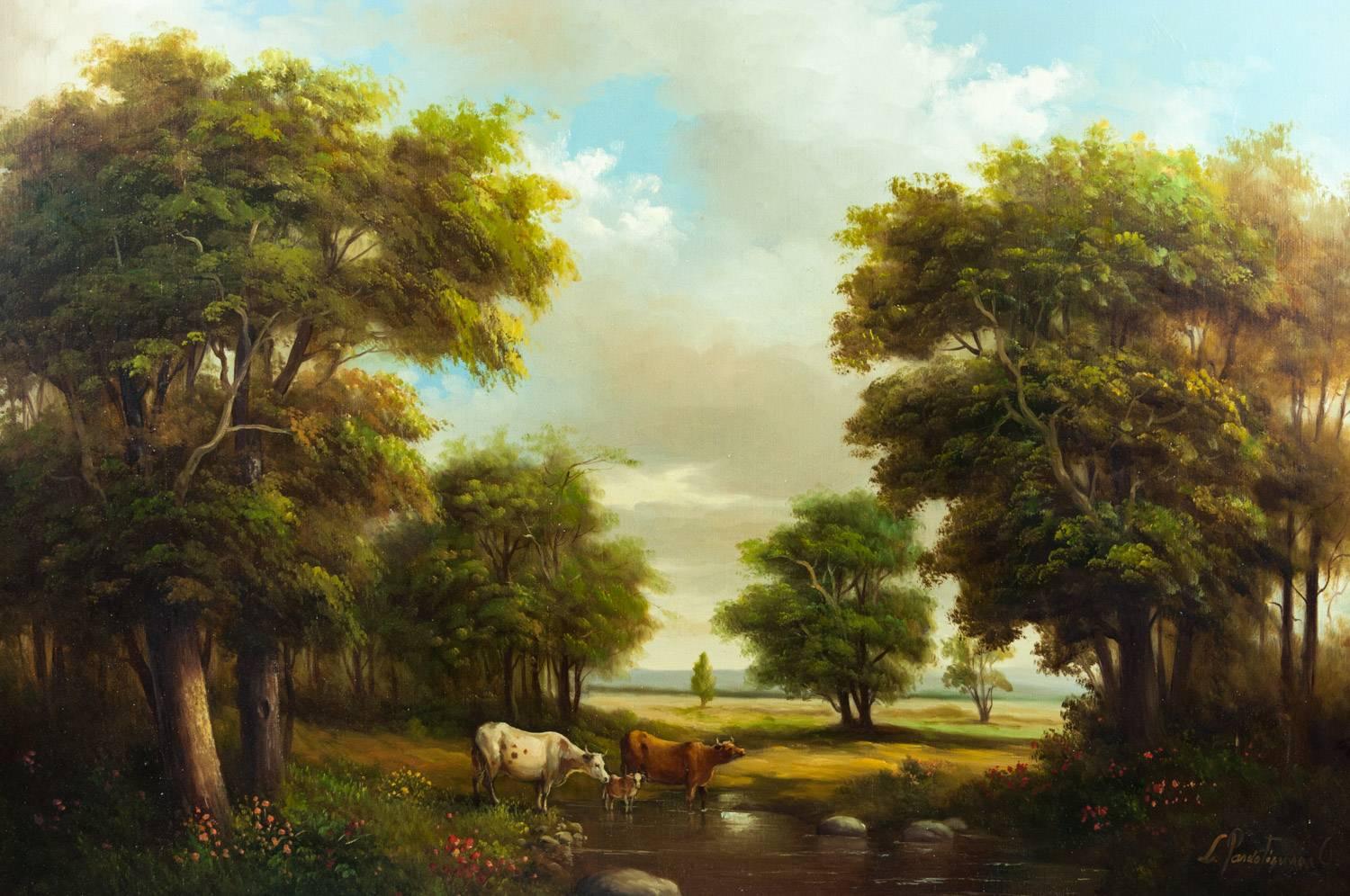 Große Vintage vergoldet Holz gerahmt pastorale Landschaft Ölgemälde (Nordamerikanisch)