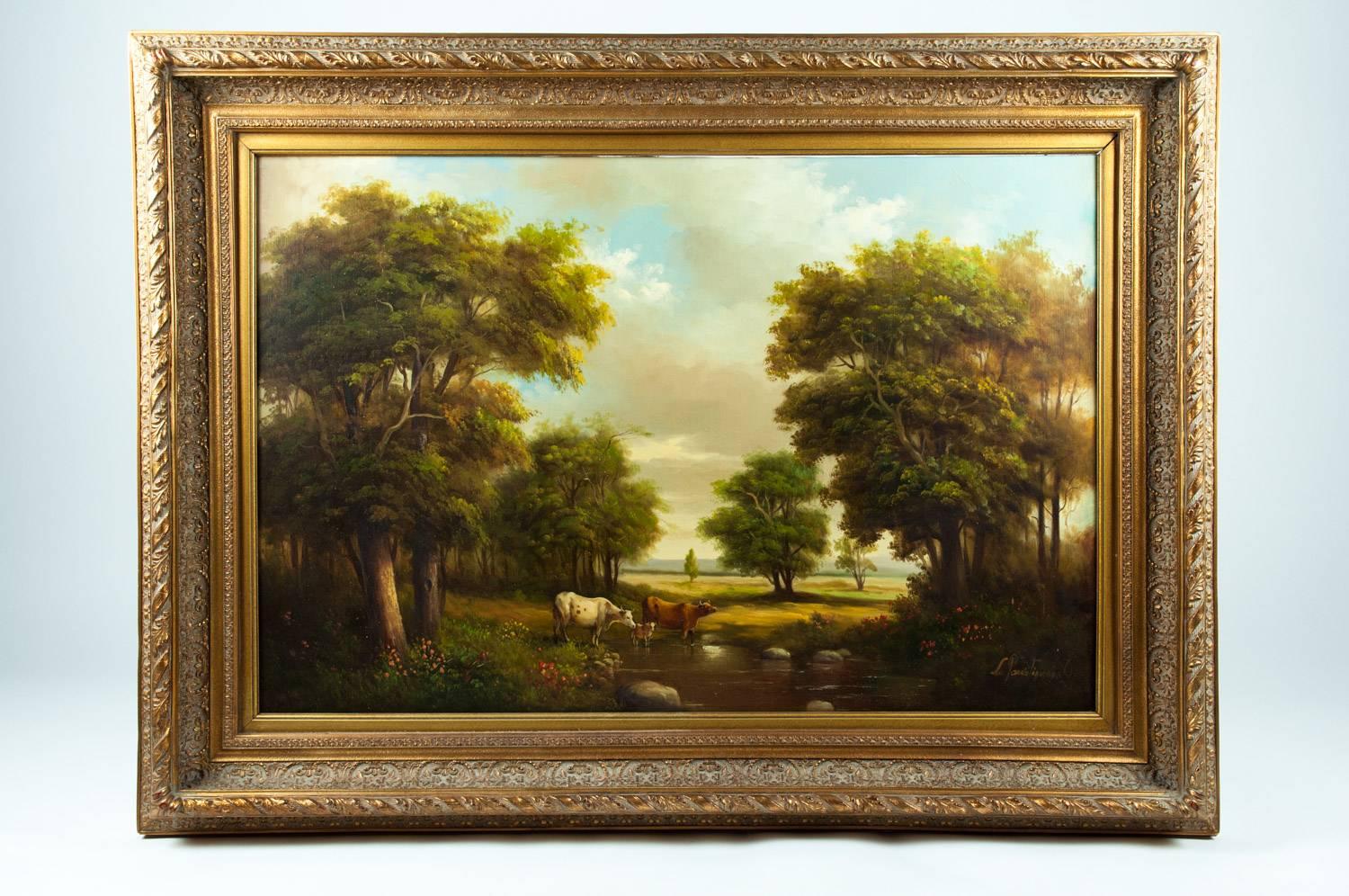 Große Vintage vergoldet Holz gerahmt pastorale Landschaft Ölgemälde 4