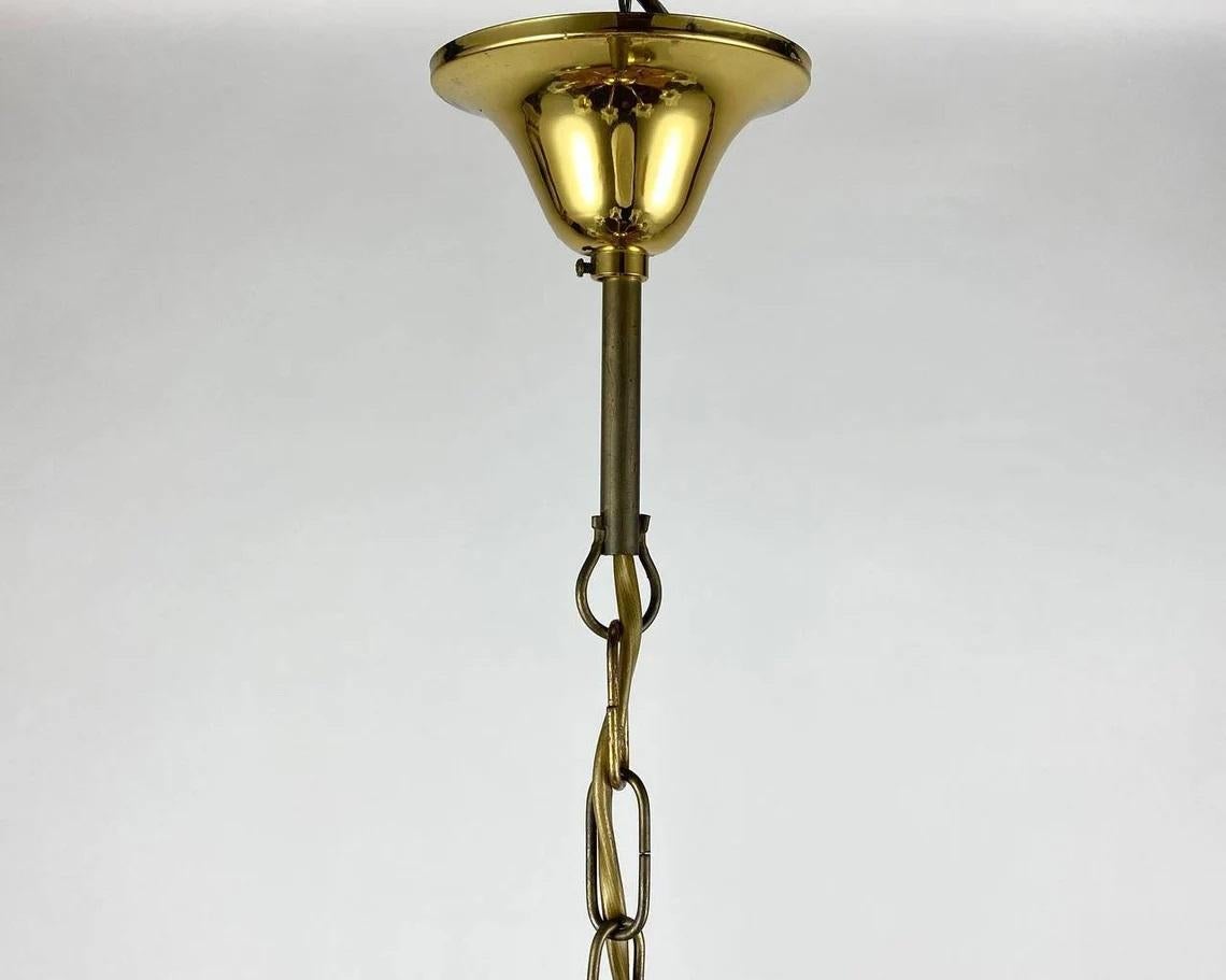 Late 20th Century Large Vintage Gilt Brass & Frosted Glass Flower Shaped Chandelier For Sale